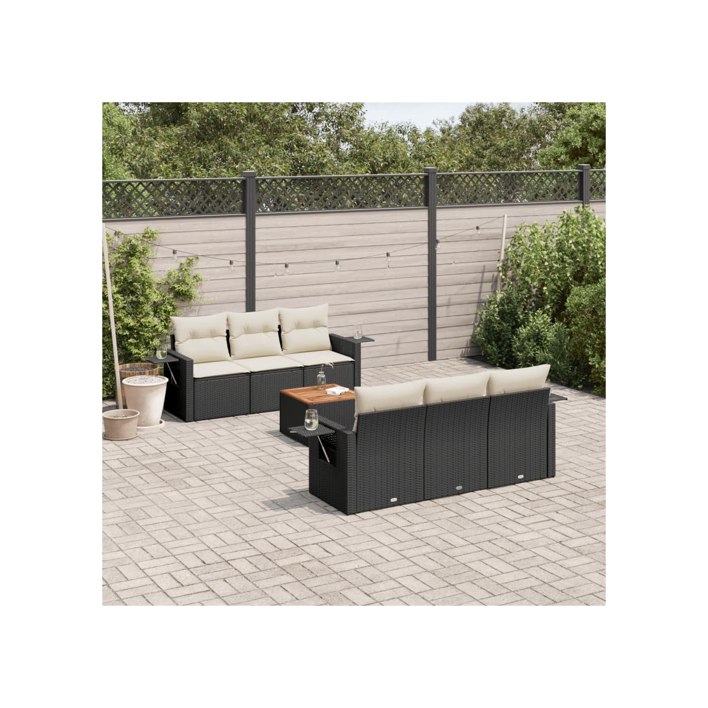 Salon de jardin 7 pcs avec coussins noir résine tressée
