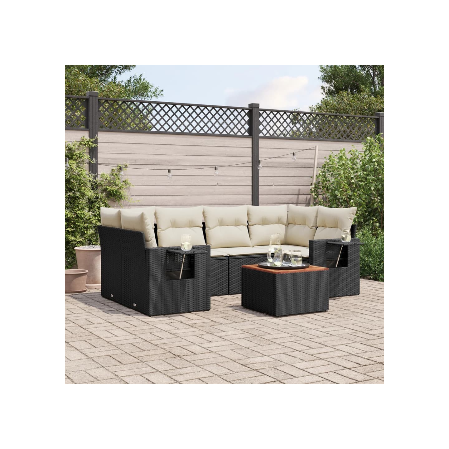 Salon de jardin 7 pcs avec coussins noir résine tressée