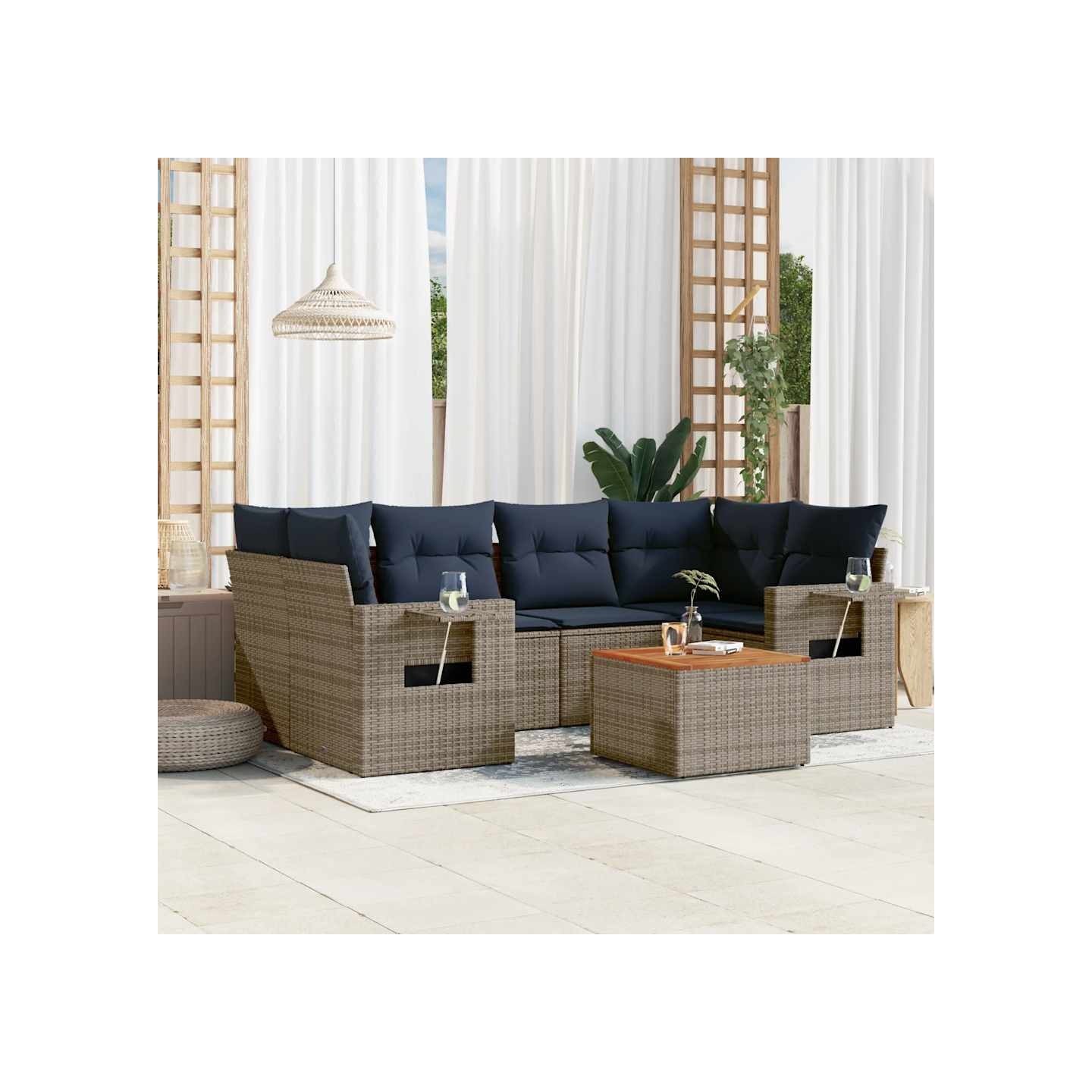 Ensemble de canapé de jardin 7 pcs avec coussins gris résine tressée