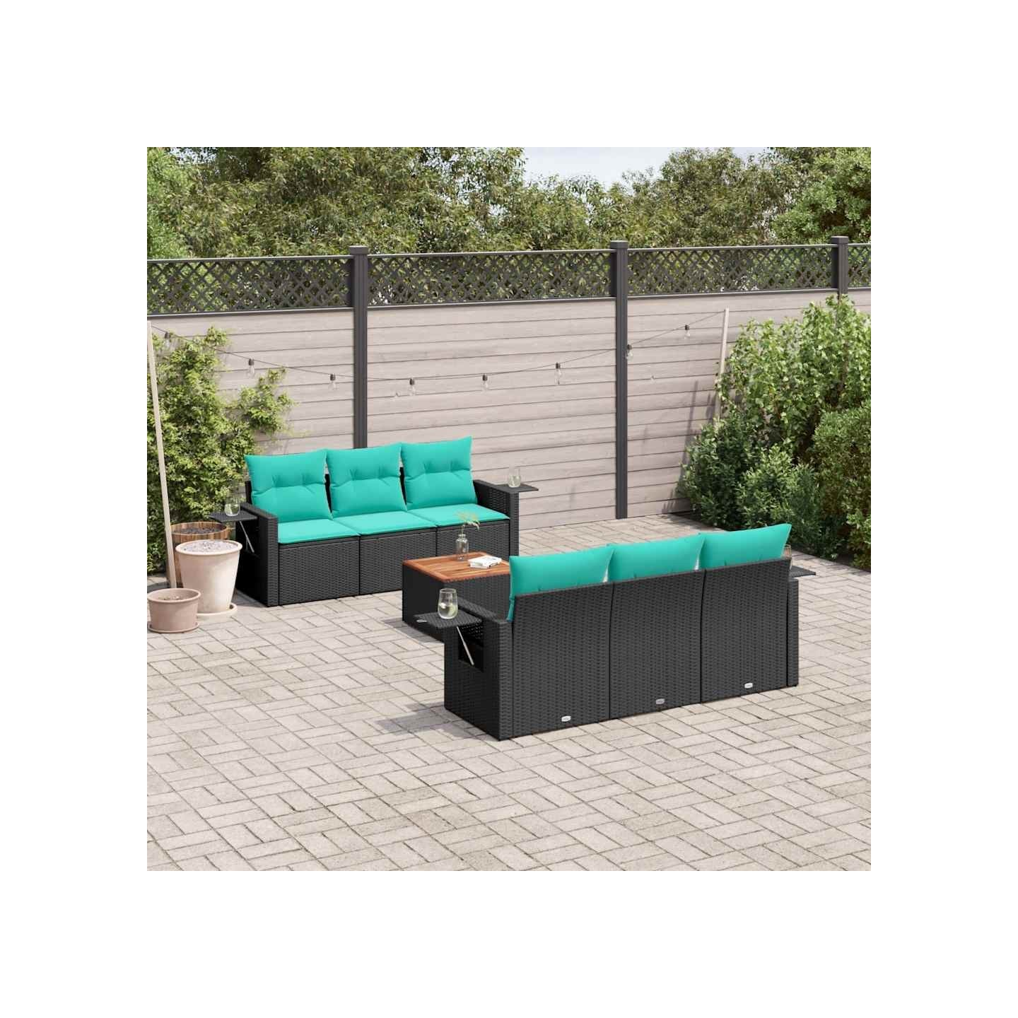 Ensemble de canapé de jardin 7 pcs avec coussins noir résine tressée