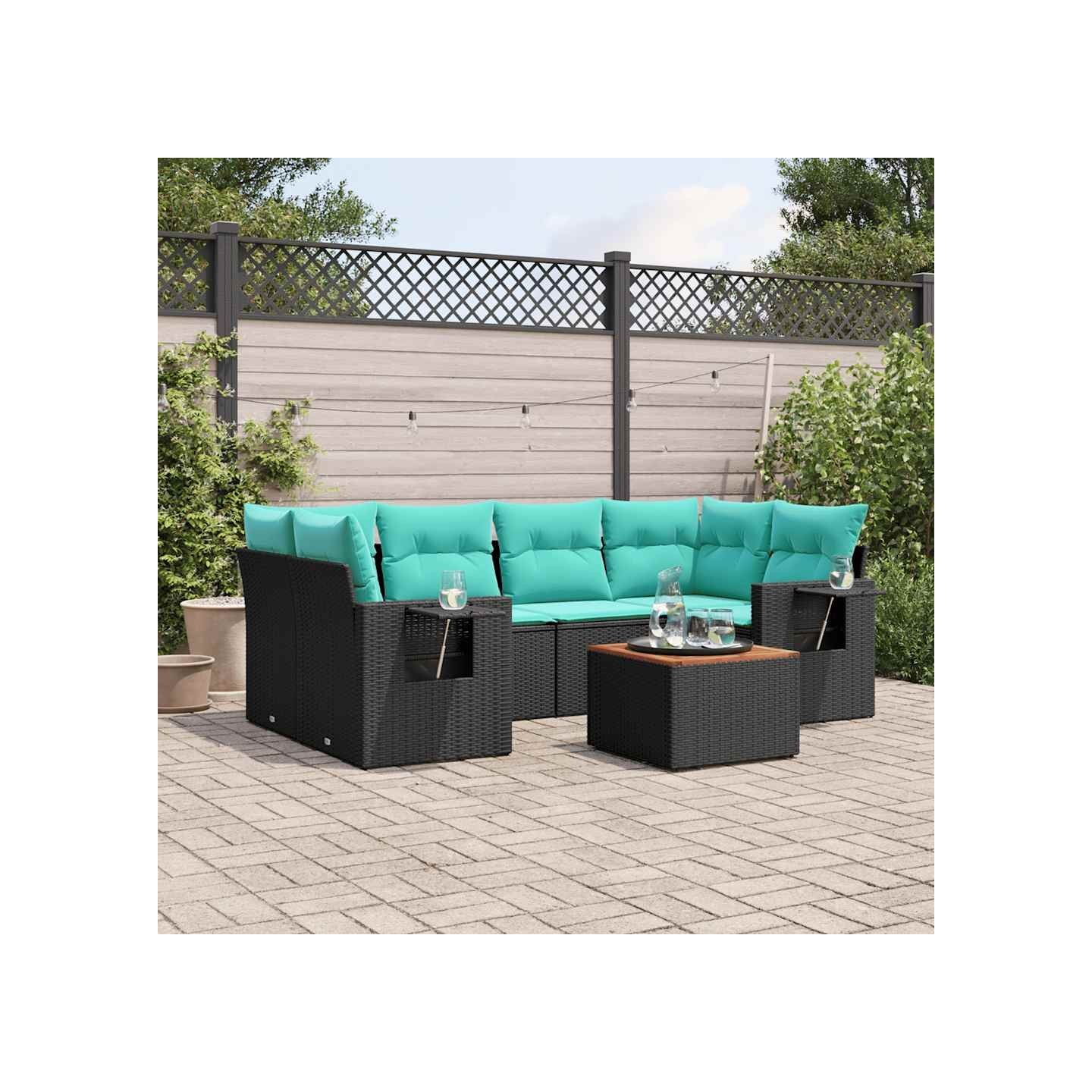 Ensemble de canapé de jardin 7 pcs avec coussins noir résine tressée