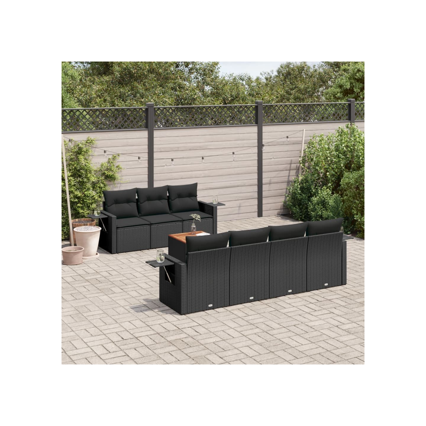 Salon de jardin 8 pcs avec coussins noir résine tressée