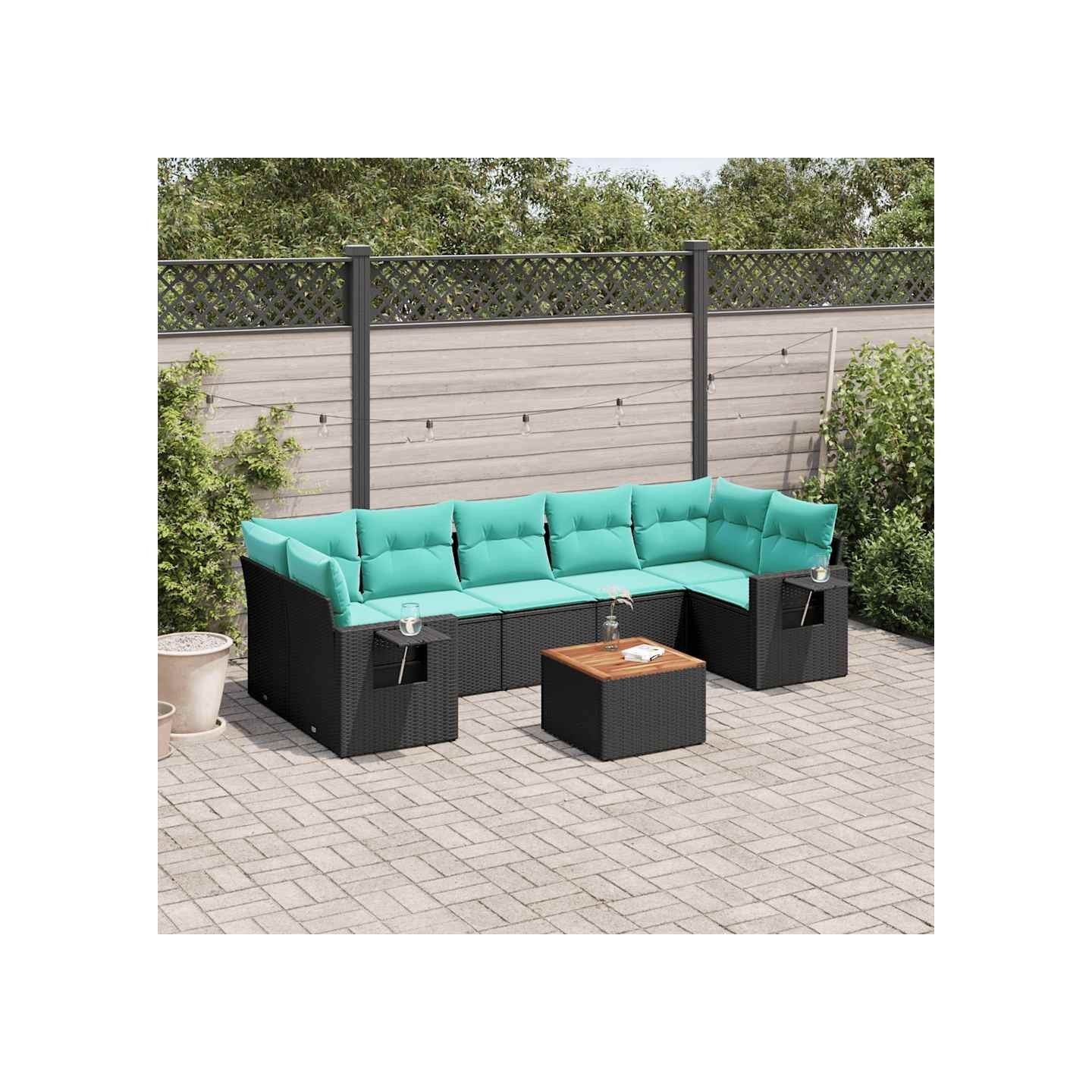 Ensemble de canapé de jardin 8 pcs avec coussins noir résine tressée