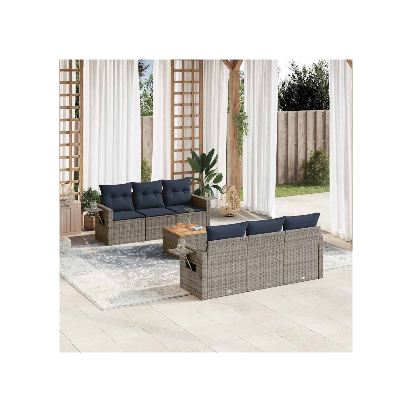 Ensemble de canapé de jardin 7 pcs avec coussins gris résine tressée