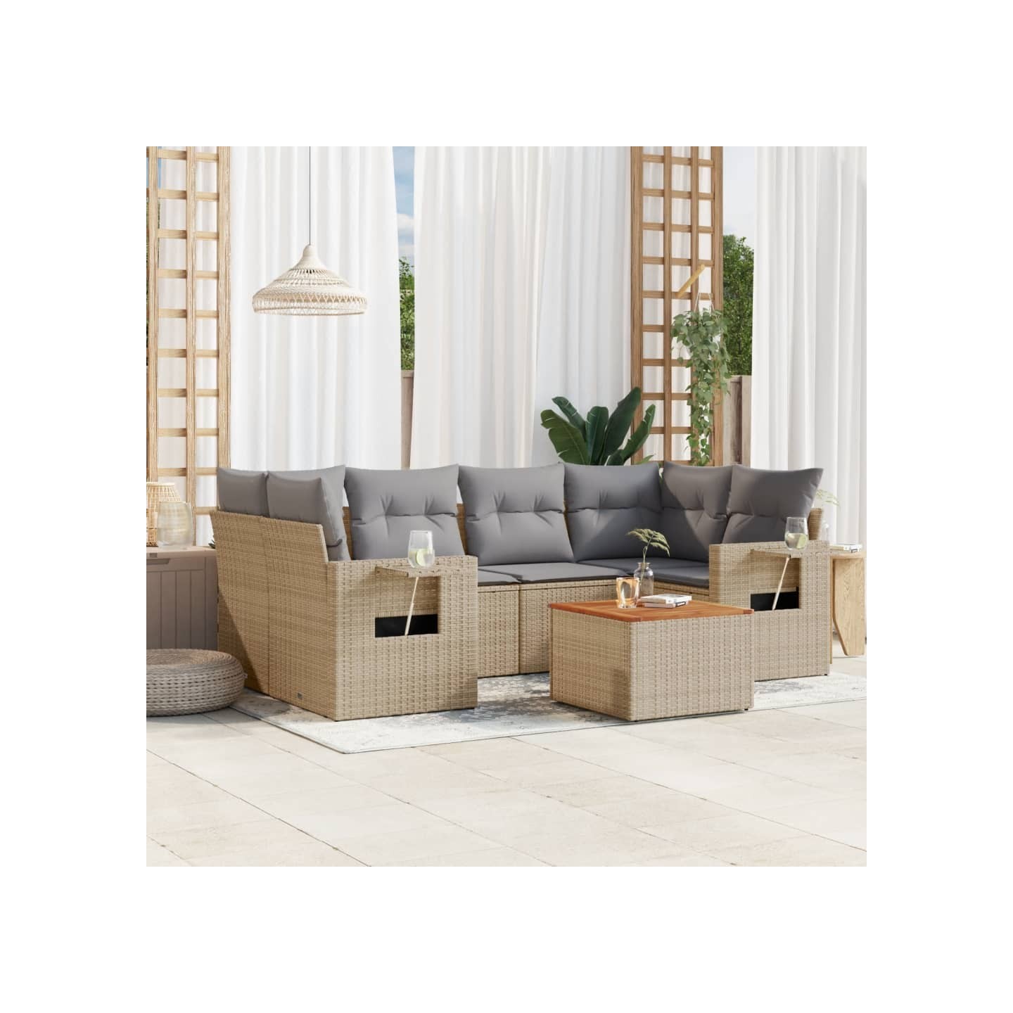 Salon de jardin avec coussins 7 pcs beige résine tressée