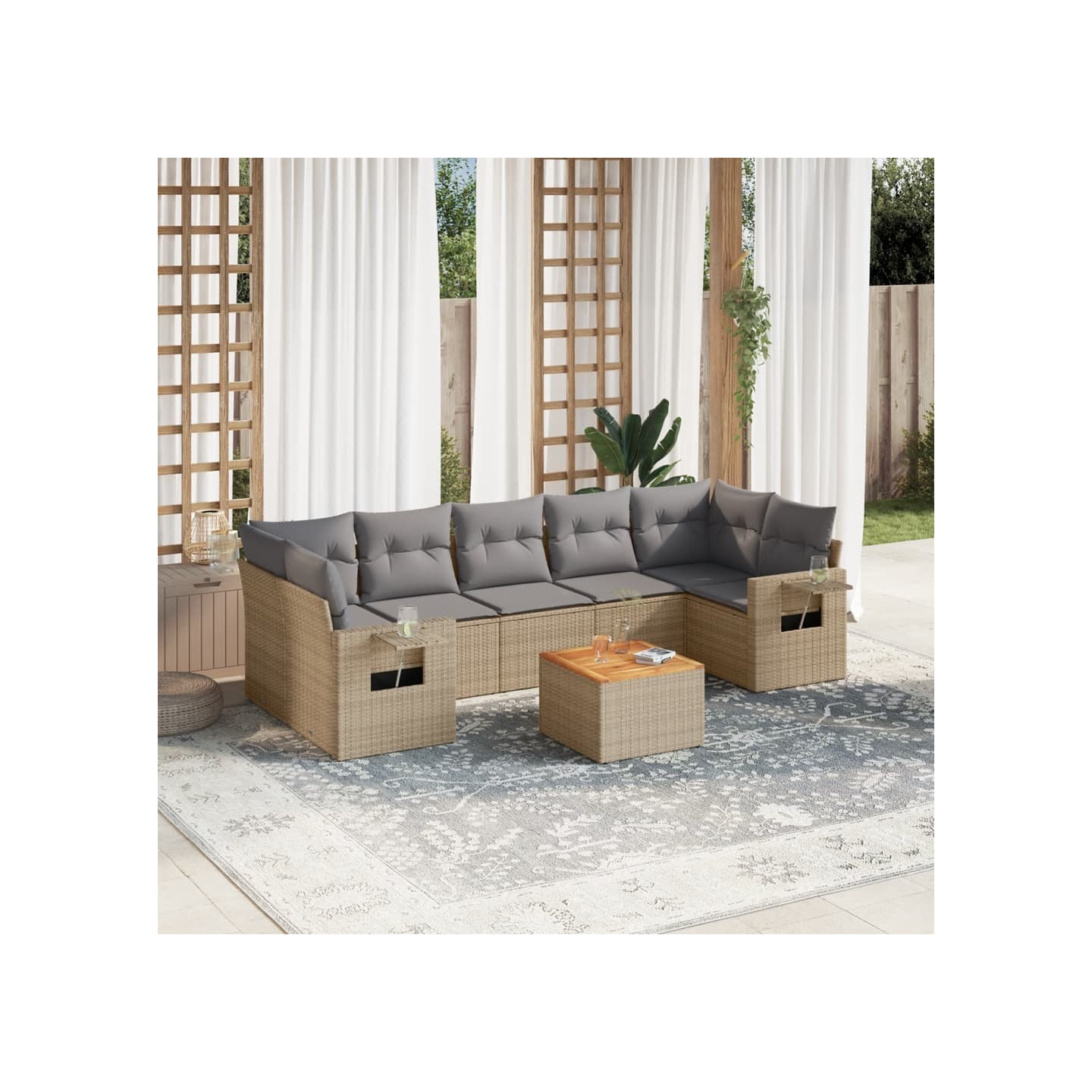 Salon de jardin avec coussins 8 pcs beige résine tressée