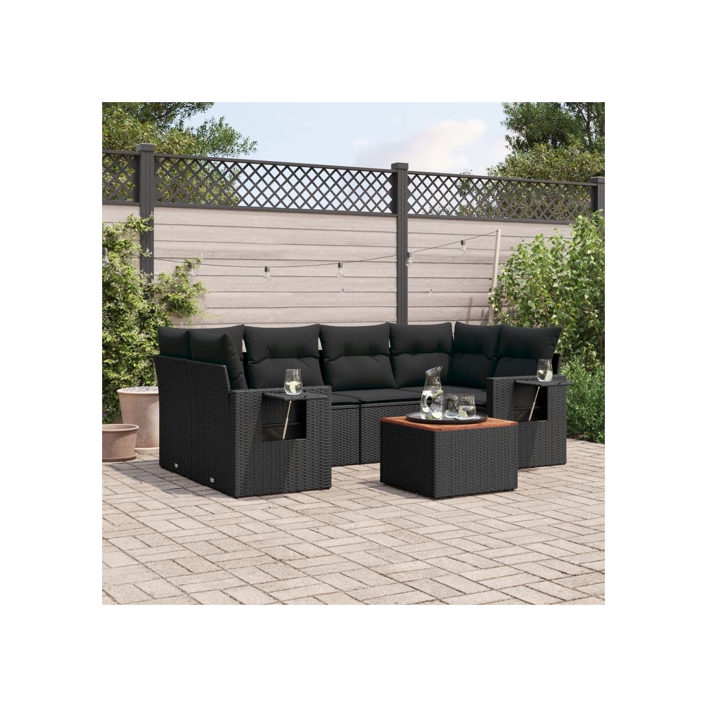 Salon de jardin 7 pcs avec coussins noir résine tressée