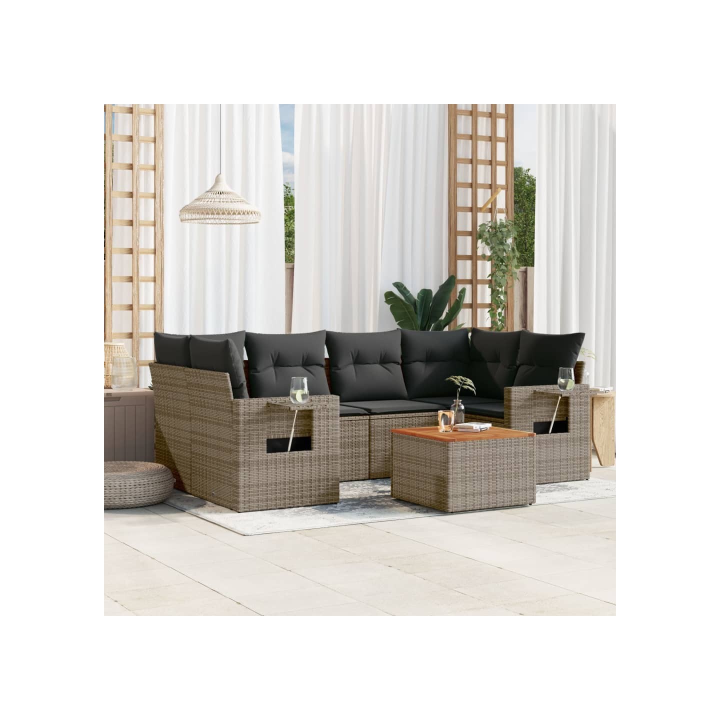 Salon de jardin avec coussins 7 pcs gris résine tressée