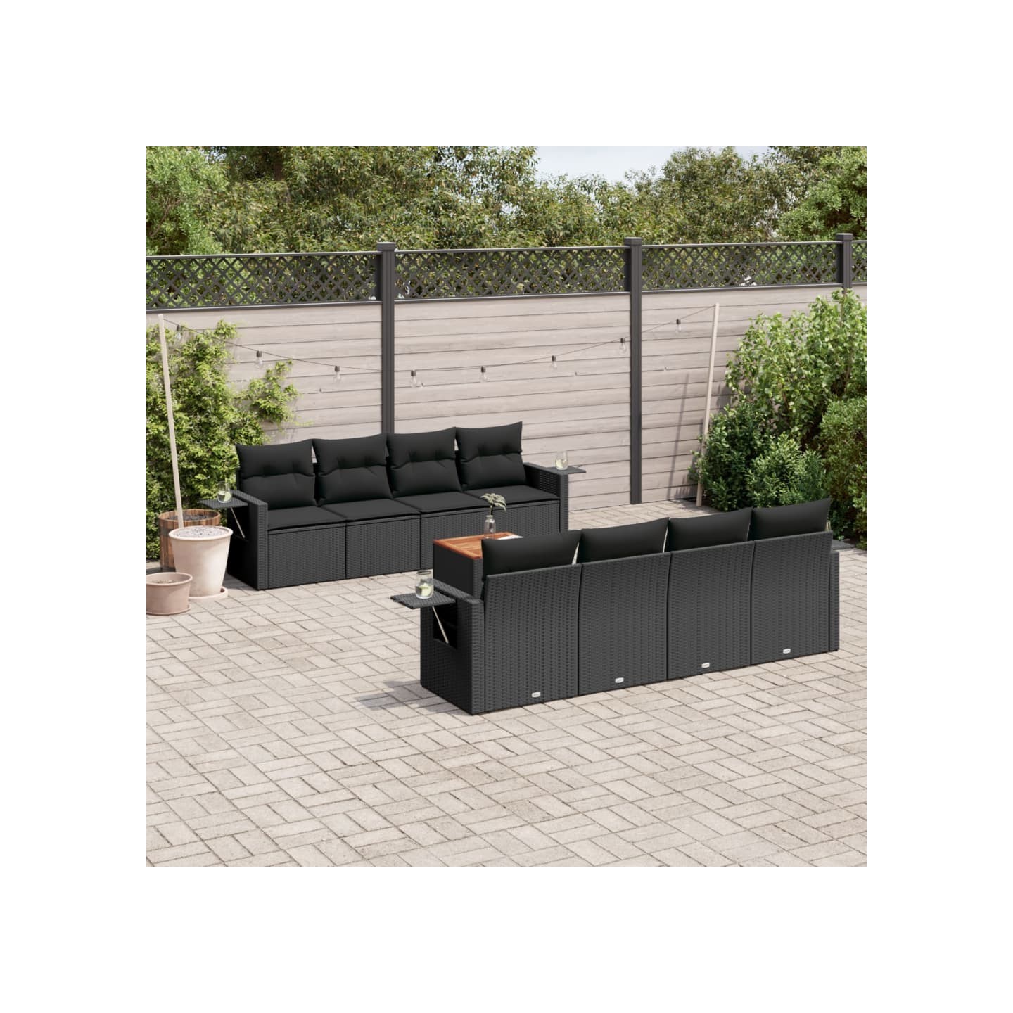 Salon de jardin 9 pcs avec coussins noir résine tressée