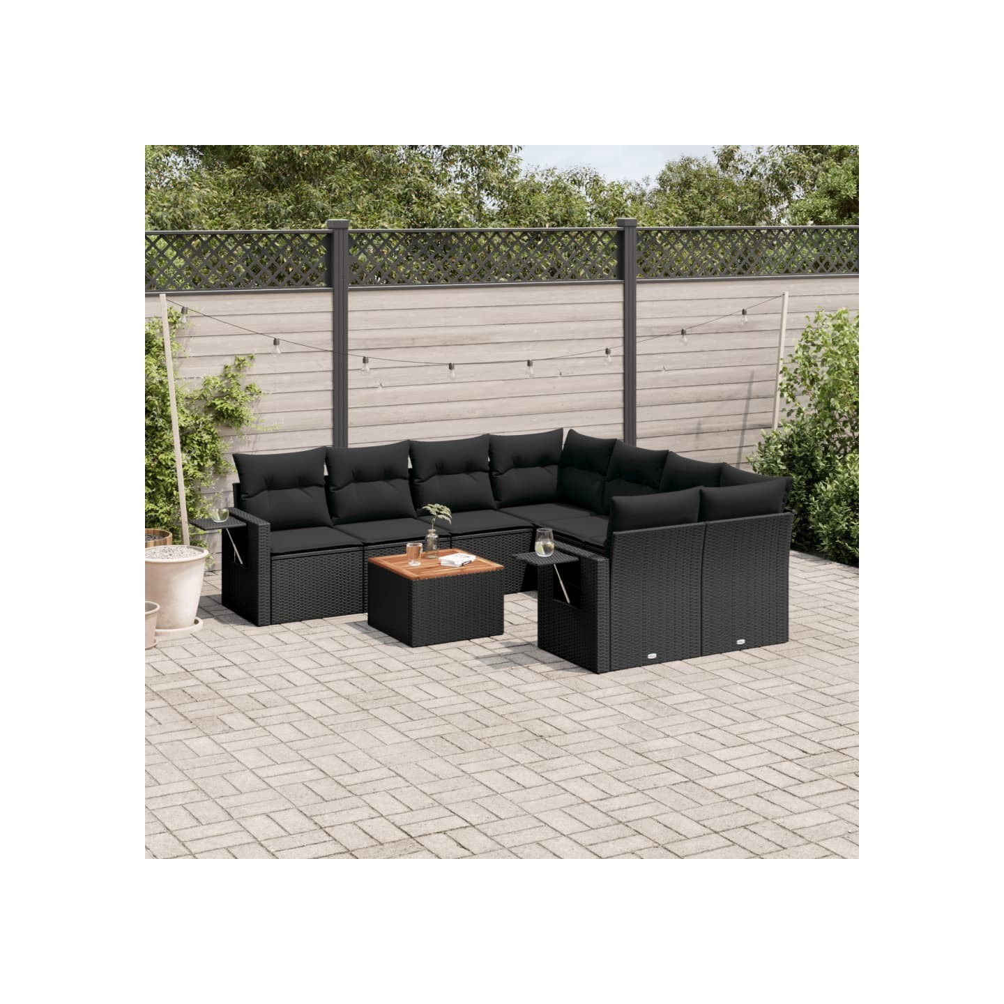 Salon de jardin 9 pcs avec coussins noir résine tressée
