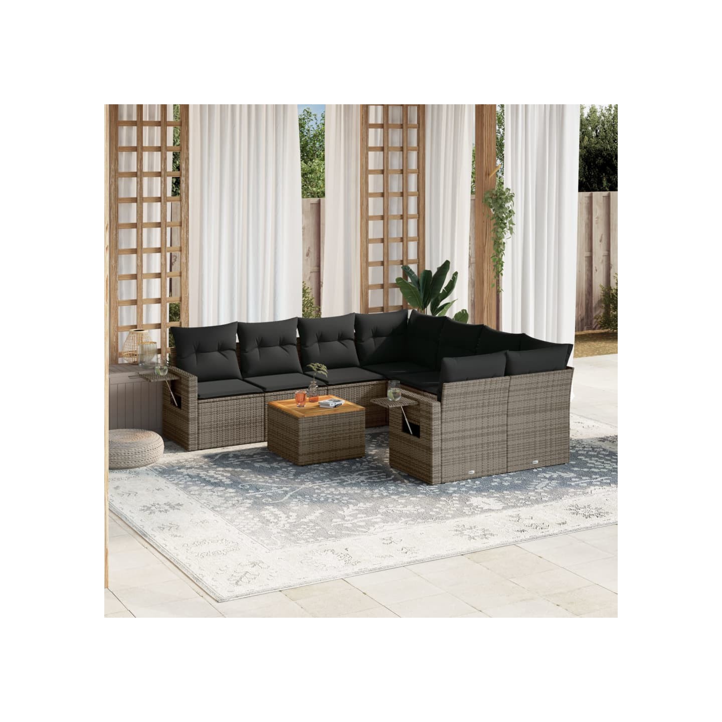Salon de jardin 9 pcs avec coussins gris résine tressée