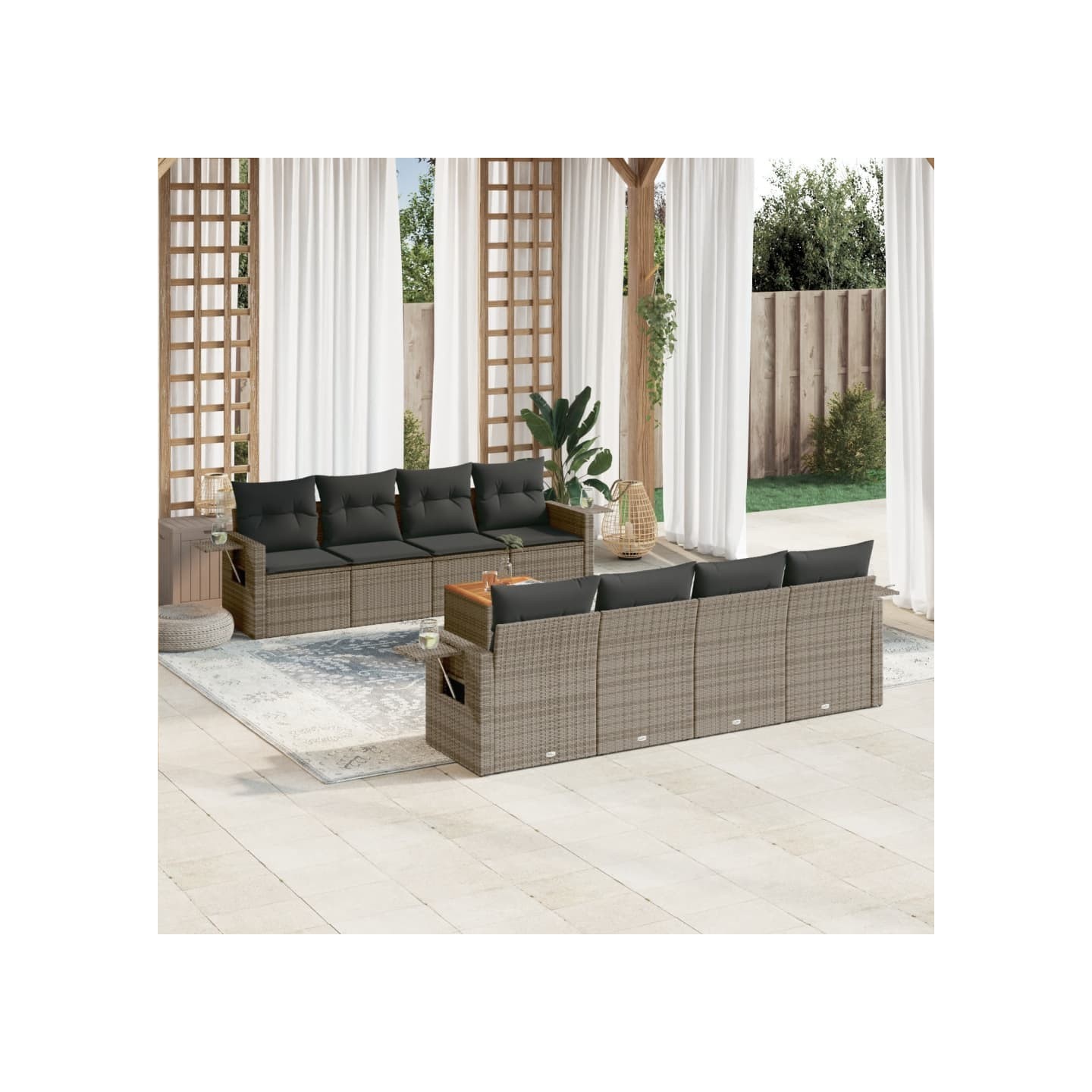 Salon de jardin 9 pcs avec coussins gris résine tressée