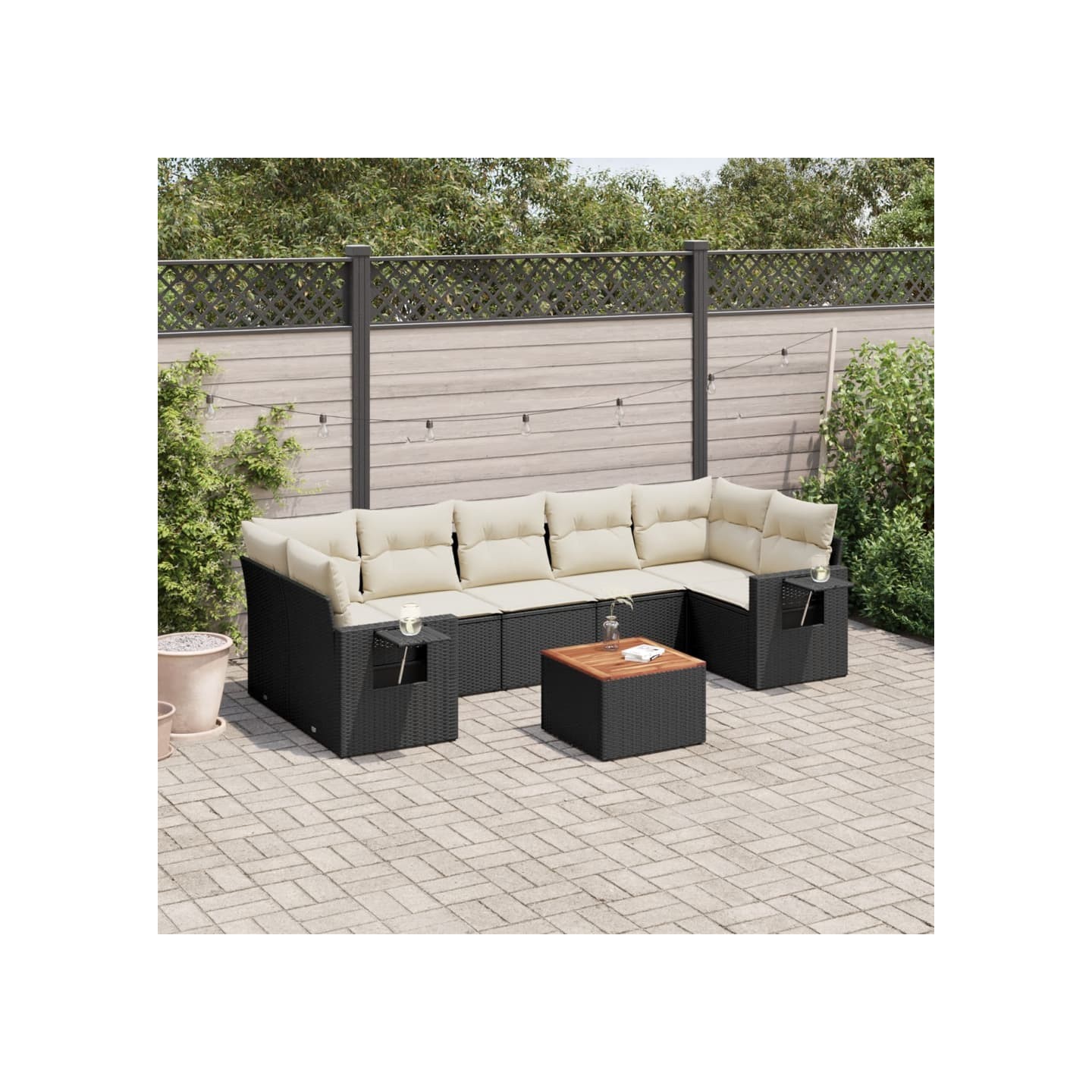 Salon de jardin 8 pcs avec coussins noir résine tressée
