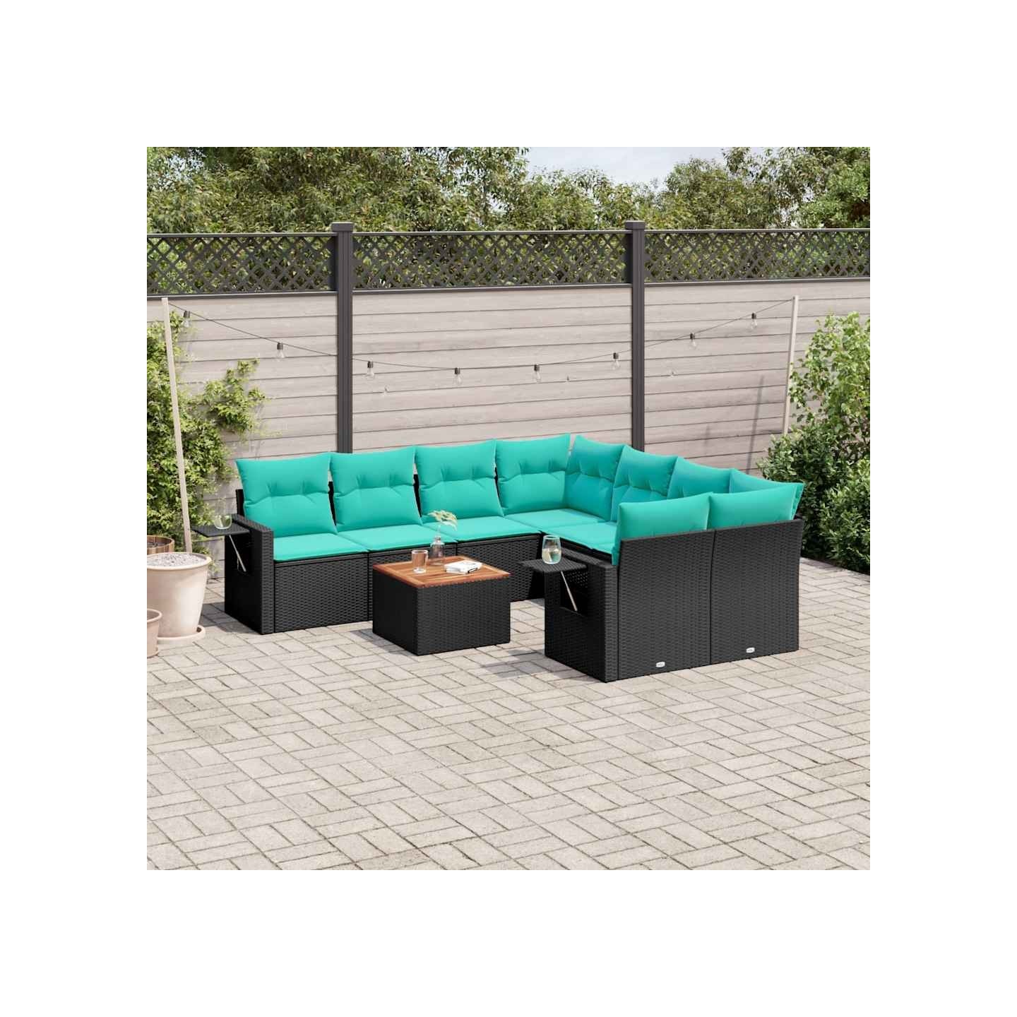 Ensemble de canapé de jardin 9 pcs avec coussins noir résine tressée