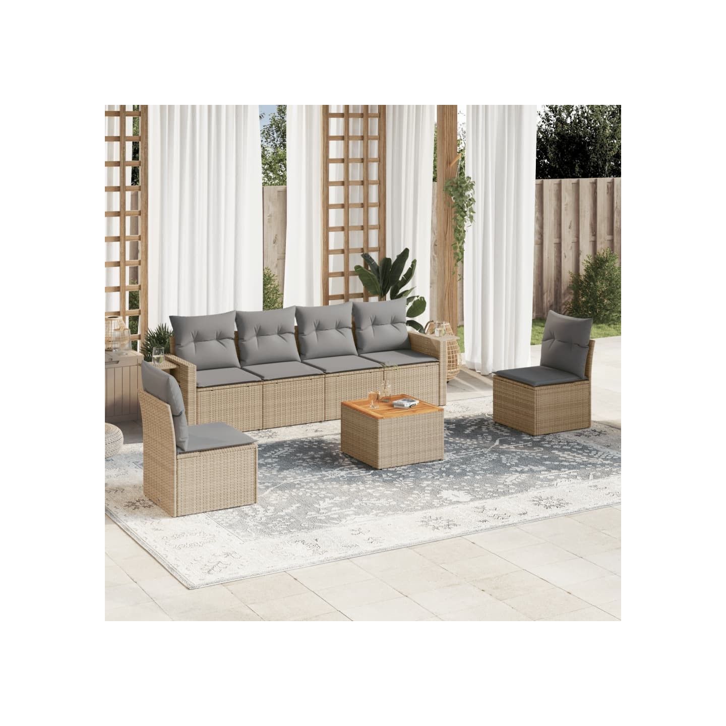 Salon de jardin avec coussins 7 pcs beige résine tressée
