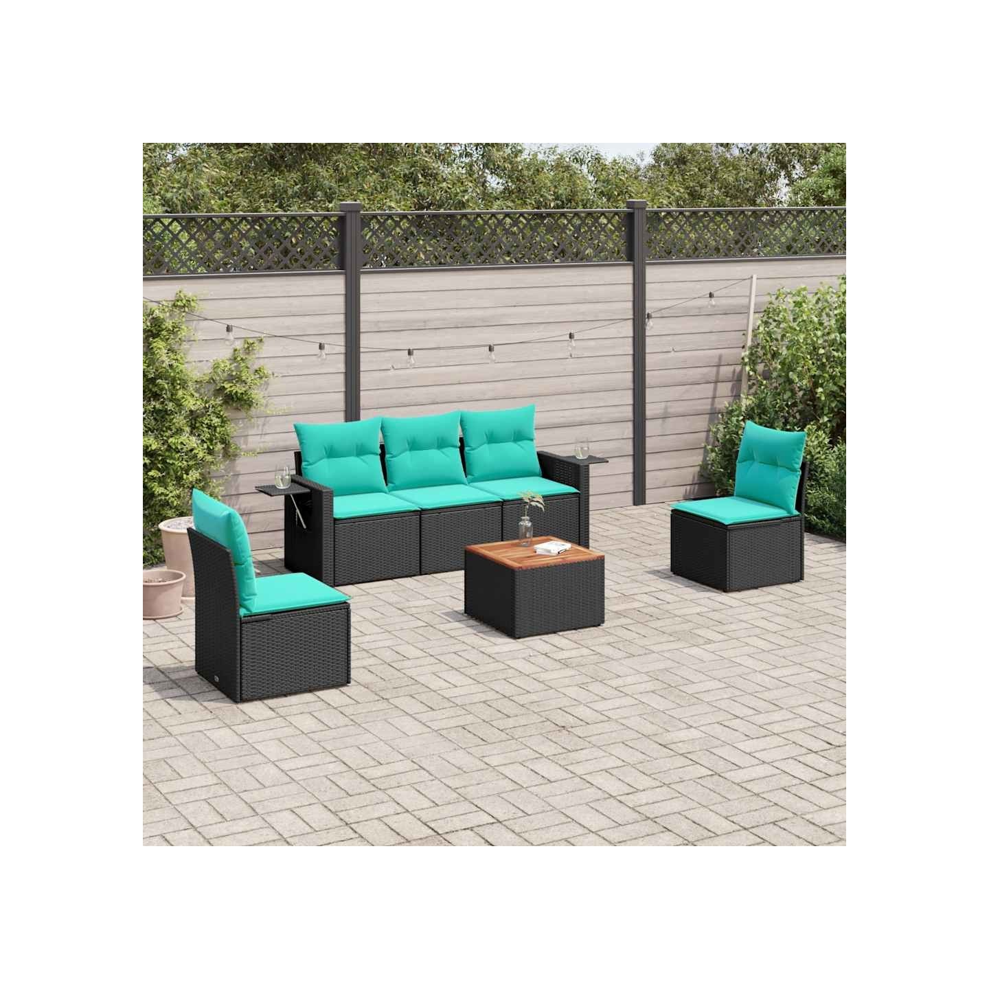 Ensemble de canapé de jardin 6 pcs avec coussins noir résine tressée