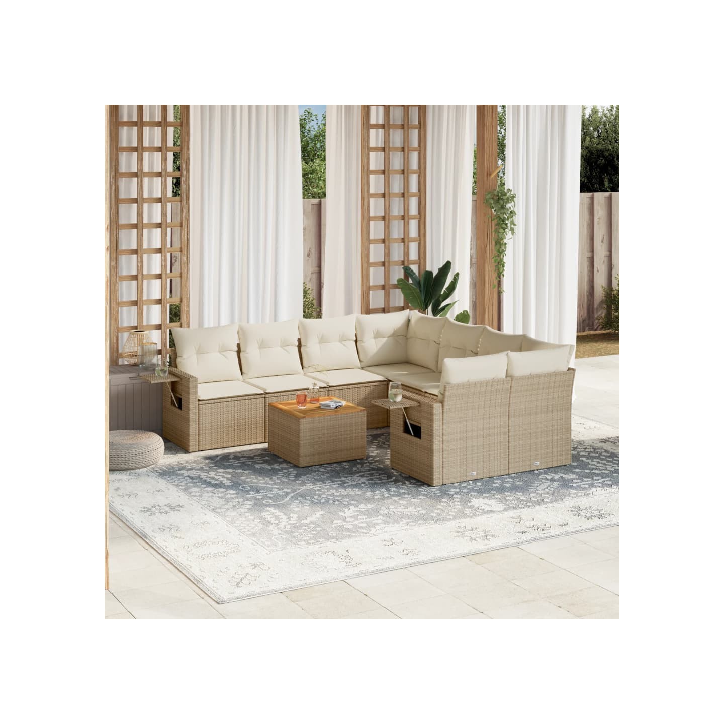 Salon de jardin avec coussins 9 pcs beige résine tressée