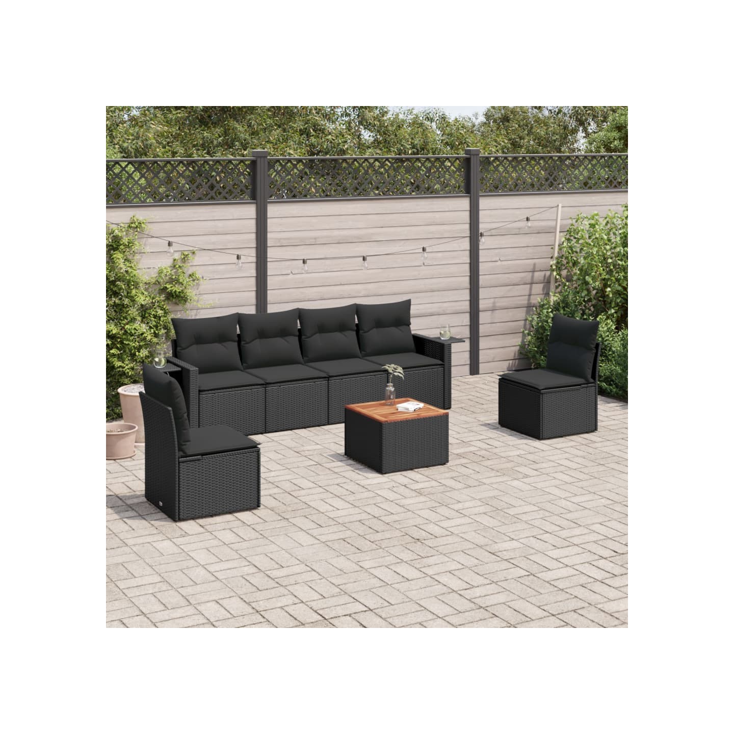 Salon de jardin 7 pcs avec coussins noir résine tressée