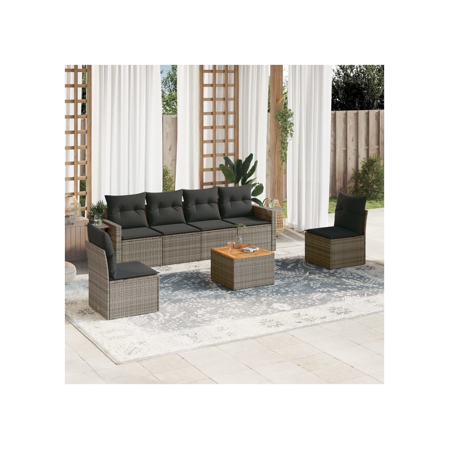 Salon de jardin avec coussins 7 pcs gris résine tressée