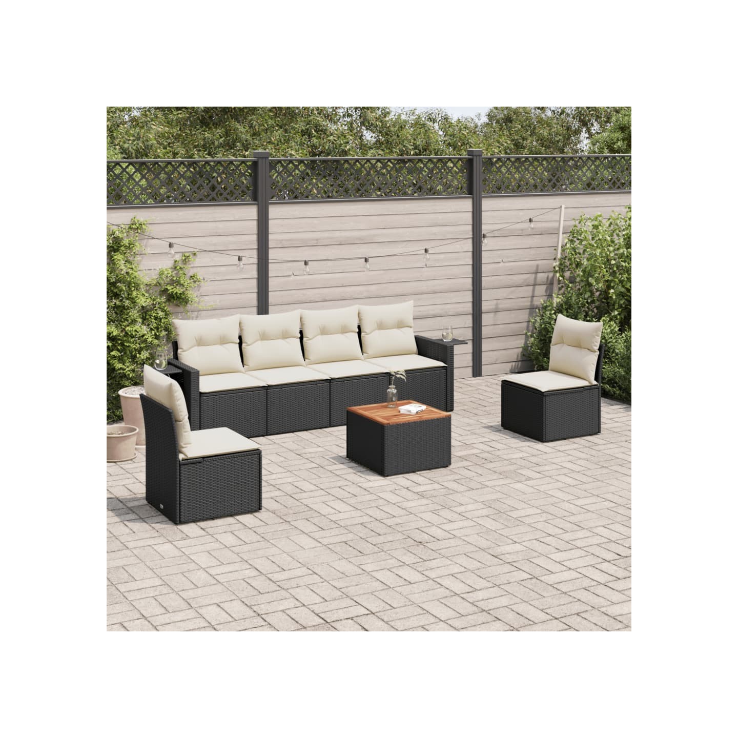 Salon de jardin 7 pcs avec coussins noir résine tressée