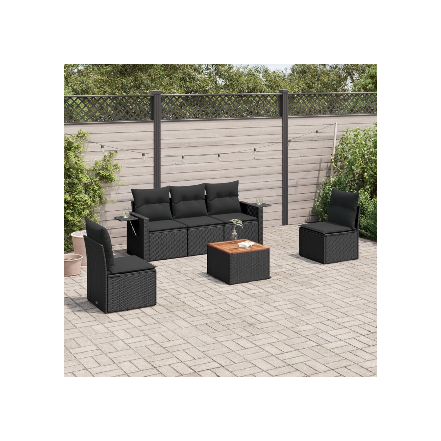 Salon de jardin 6 pcs avec coussins noir résine tressée