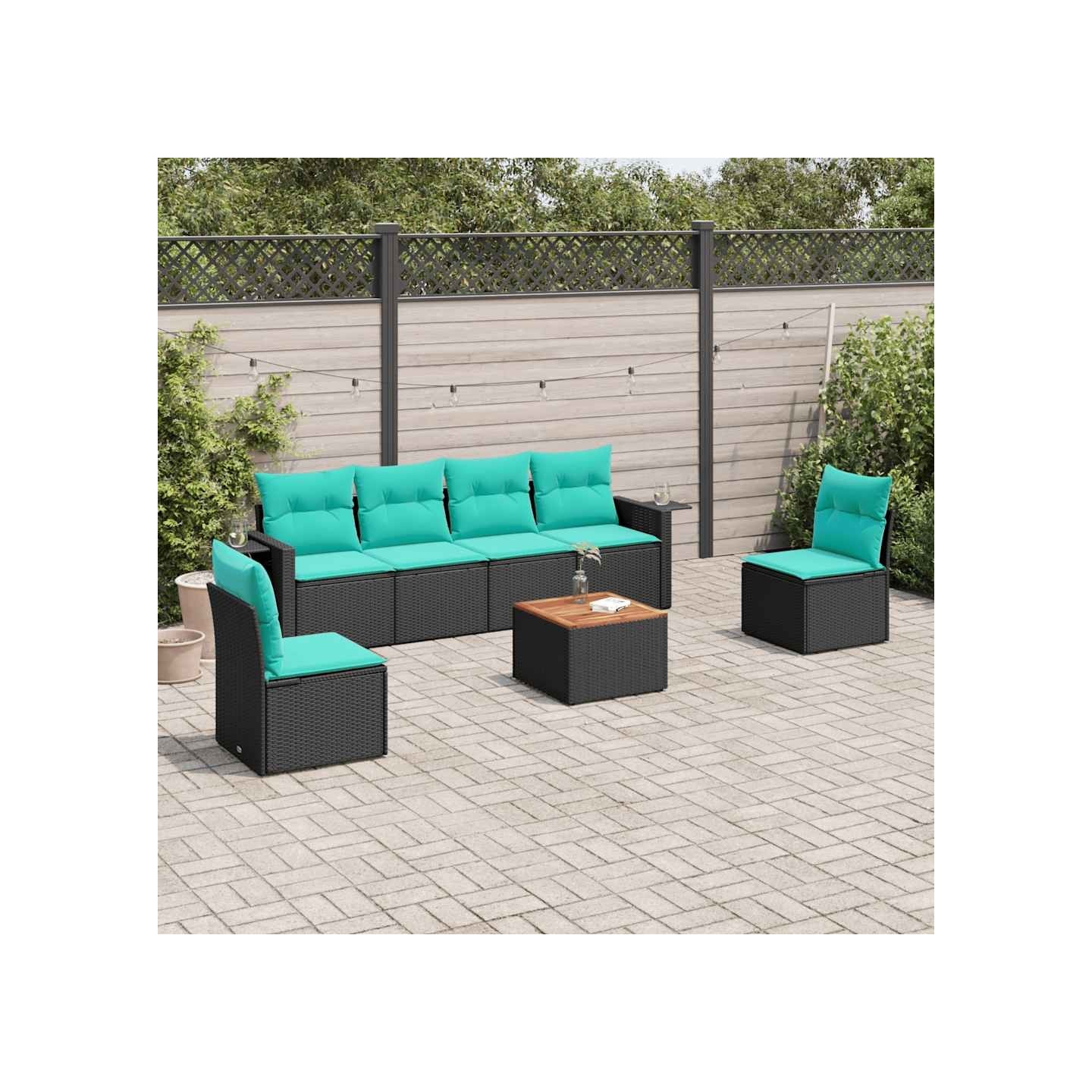 Ensemble de canapé de jardin 7 pcs avec coussins noir résine tressée