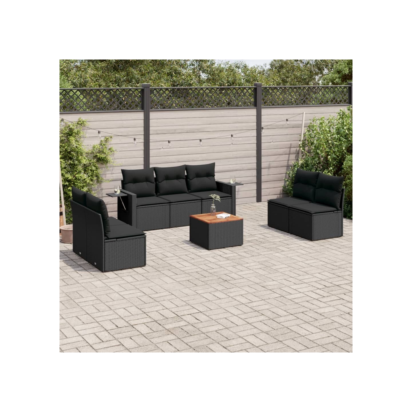 Salon de jardin 8 pcs avec coussins noir résine tressée