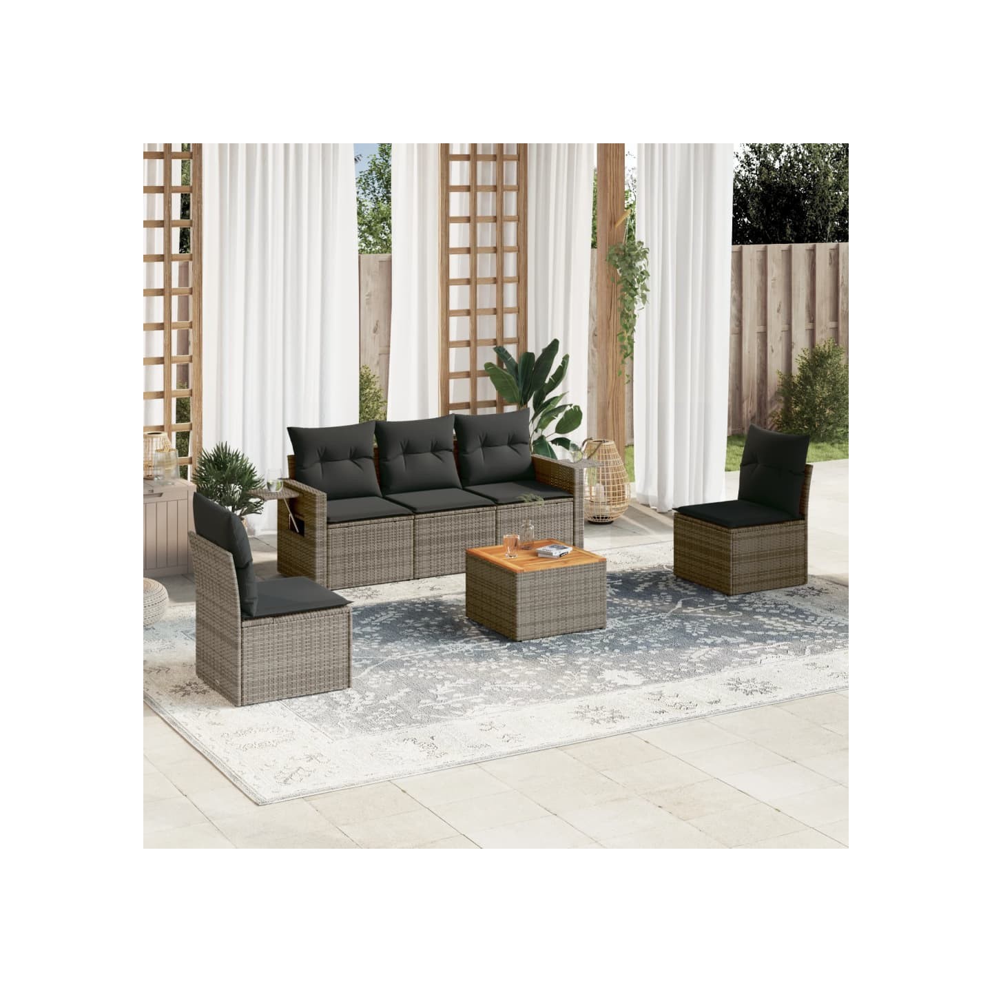 Salon de jardin 6 pcs avec coussins gris résine tressée