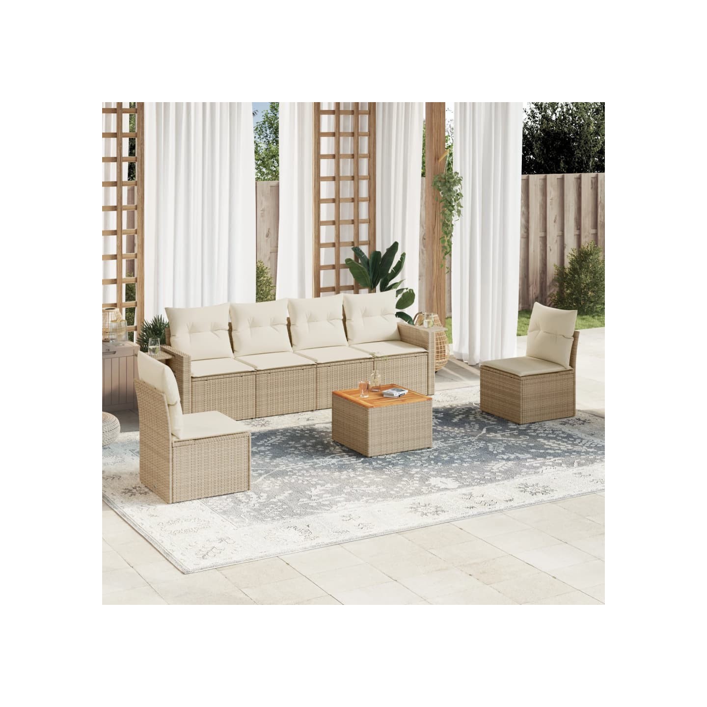 Salon de jardin avec coussins 7 pcs beige résine tressée