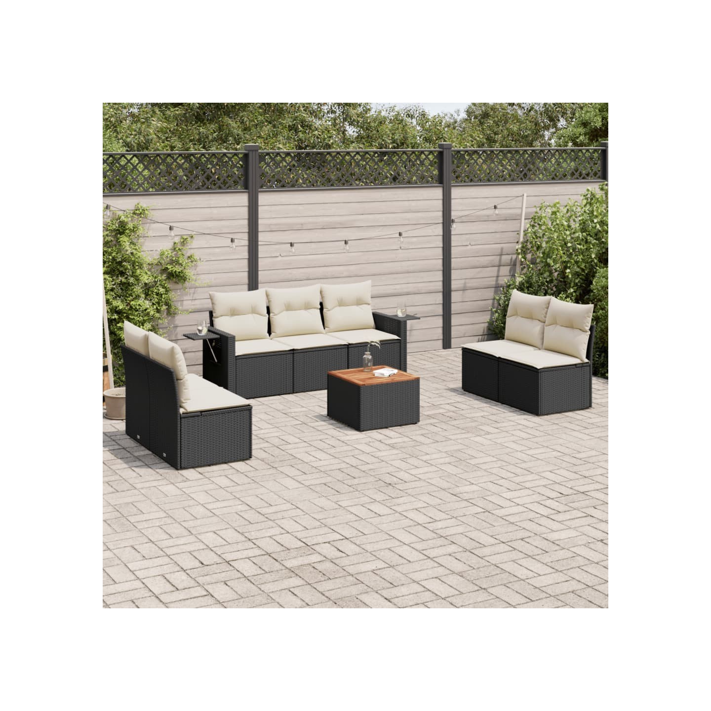 Salon de jardin 8 pcs avec coussins noir résine tressée