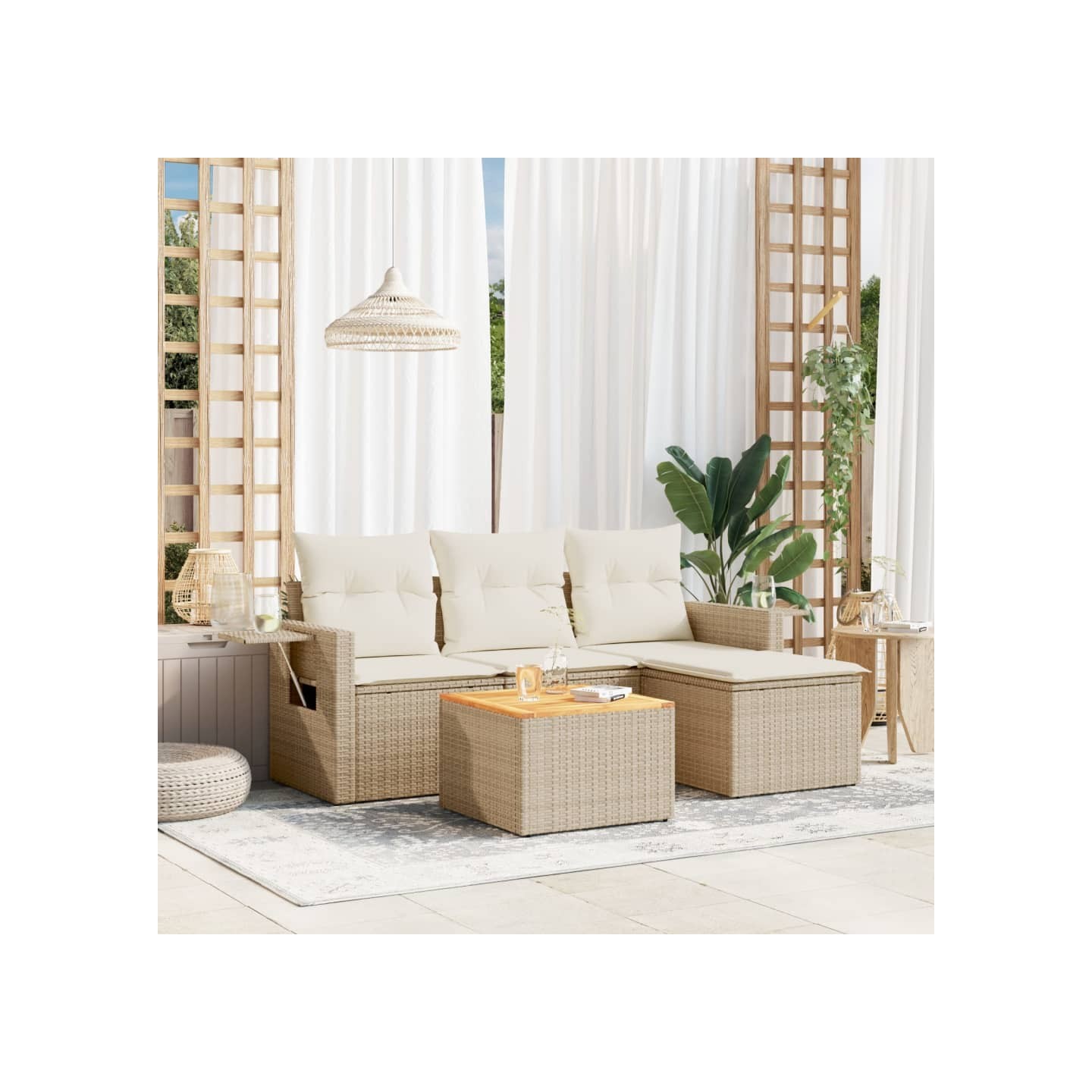 Salon de jardin avec coussins 5 pcs beige résine tressée