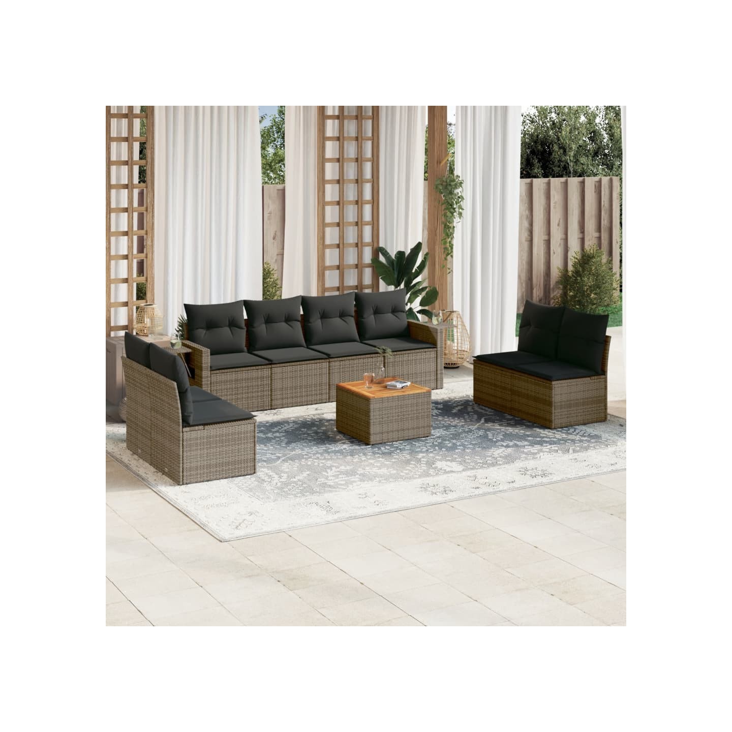 Salon de jardin 9 pcs avec coussins gris résine tressée