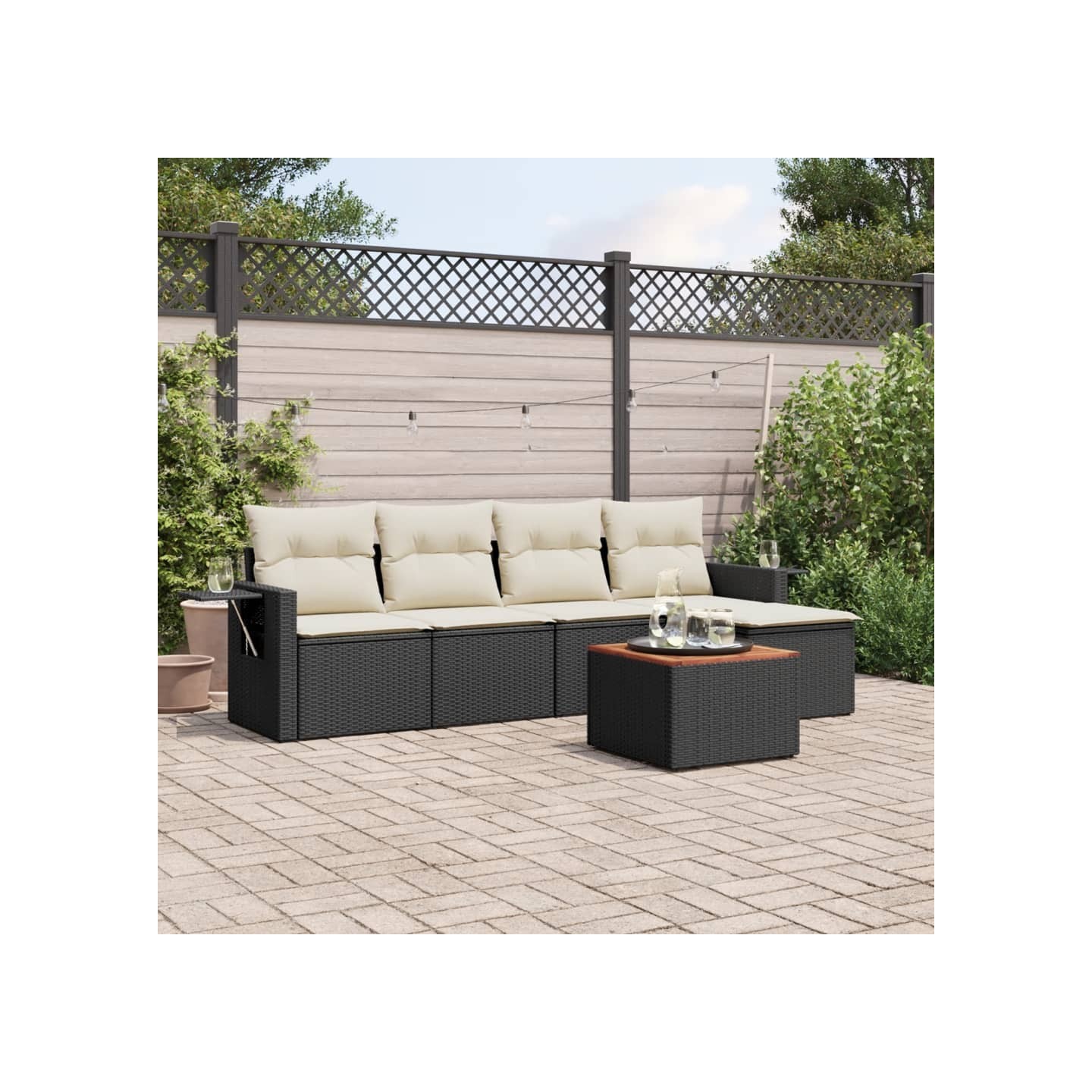 Salon de jardin 6 pcs avec coussins noir résine tressée