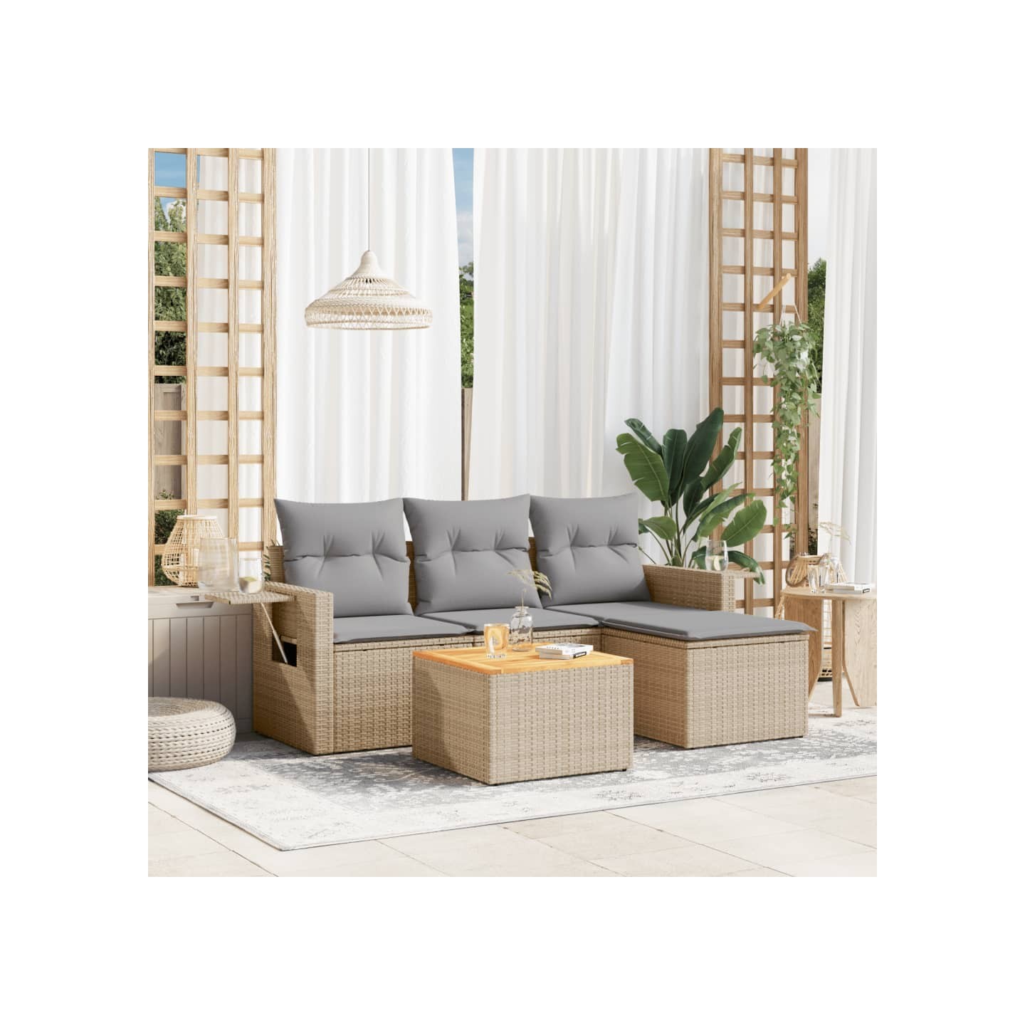 Salon de jardin avec coussins 5 pcs beige résine tressée