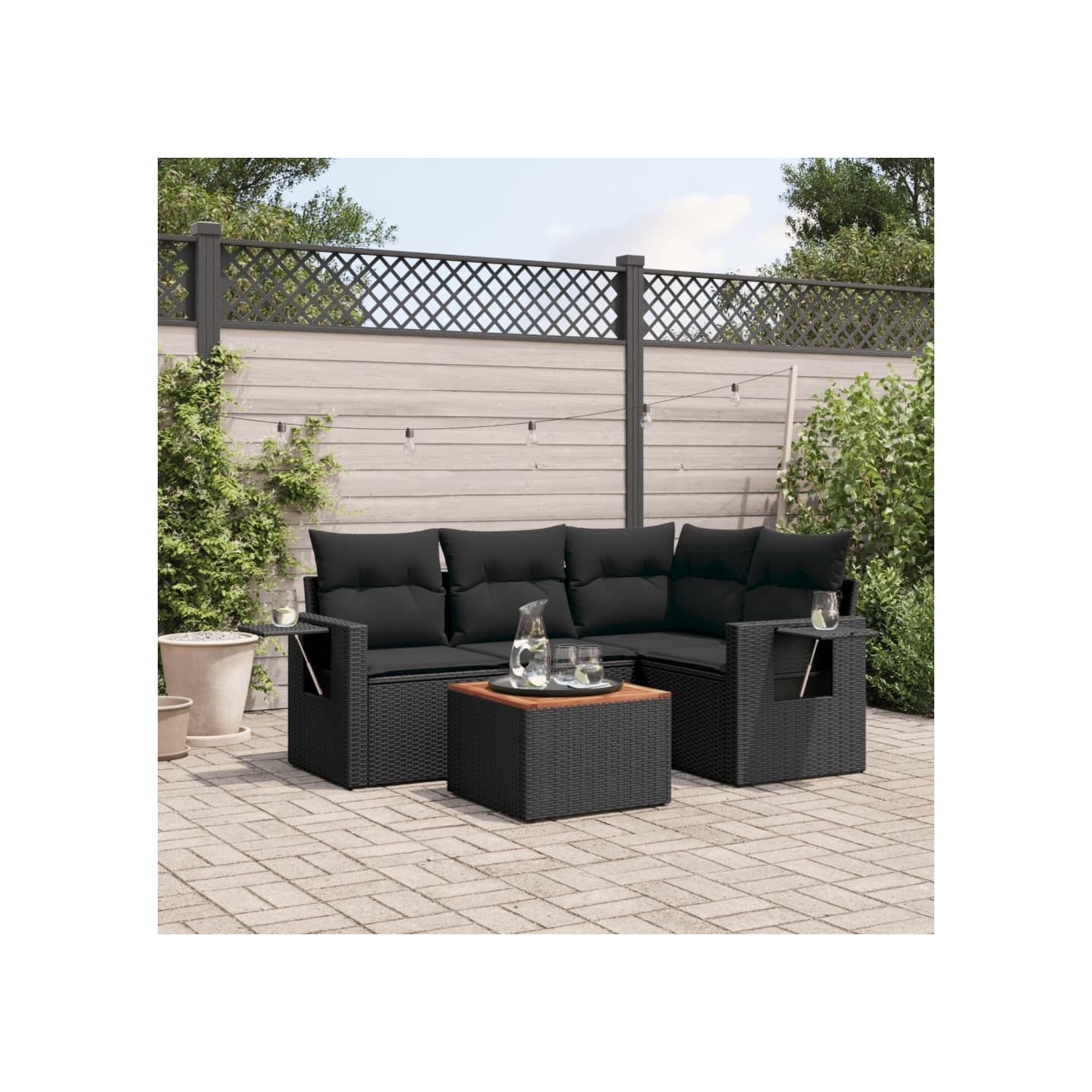 Salon de jardin 5 pcs avec coussins noir résine tressée