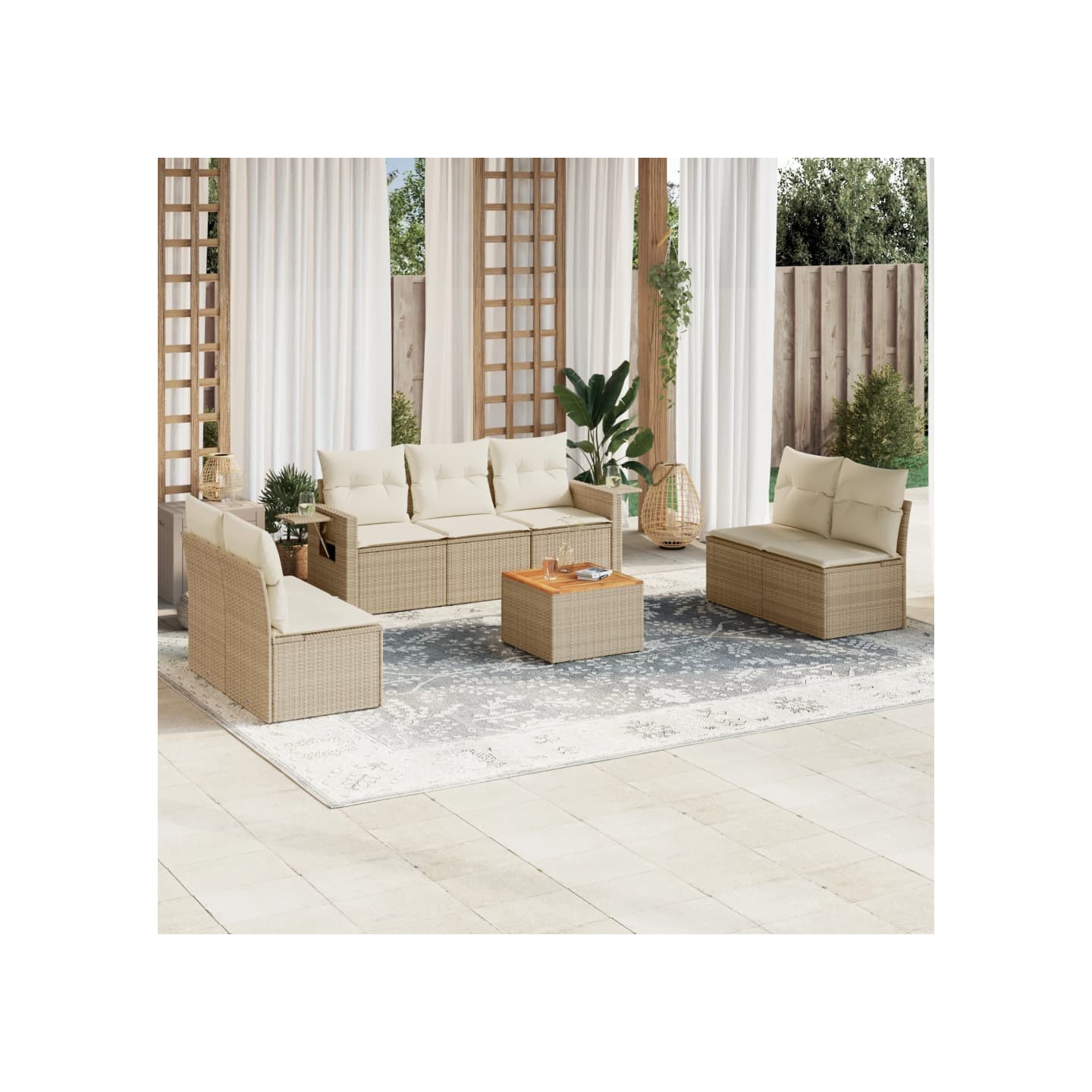 Salon de jardin avec coussins 8 pcs beige résine tressée