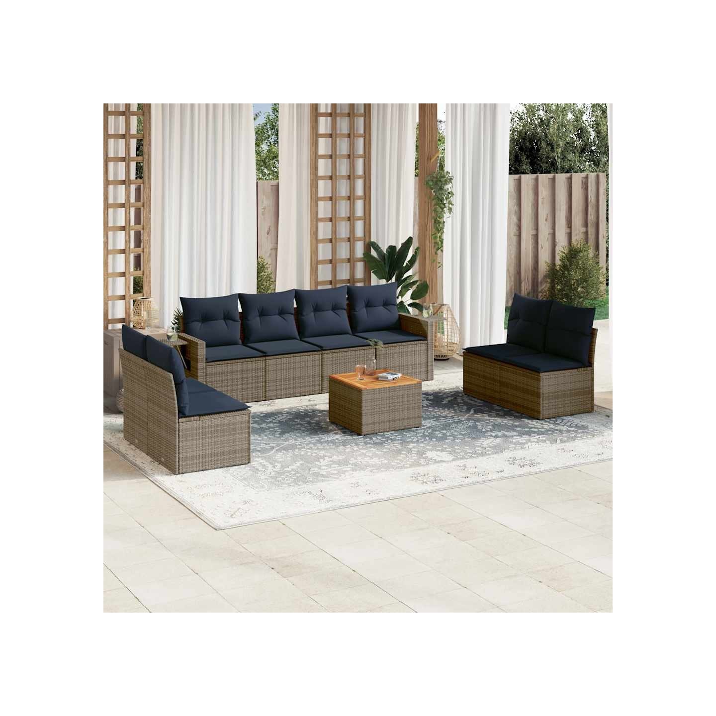 Ensemble de canapé de jardin 9 pcs avec coussins gris résine tressée