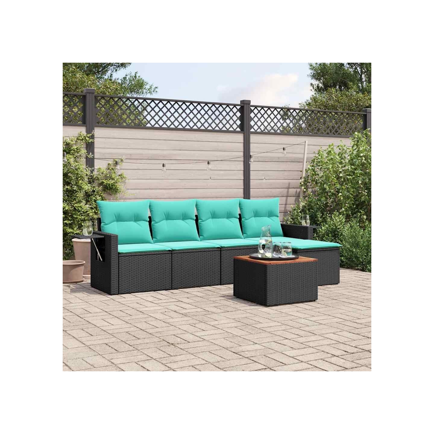 Ensemble de canapé de jardin 6 pcs avec coussins noir résine tressée
