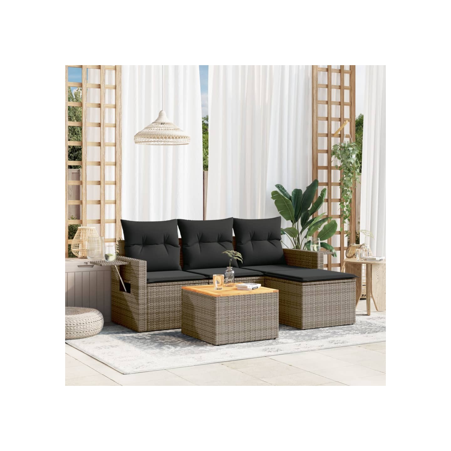 Salon de jardin 5 pcs avec coussins gris résine tressée