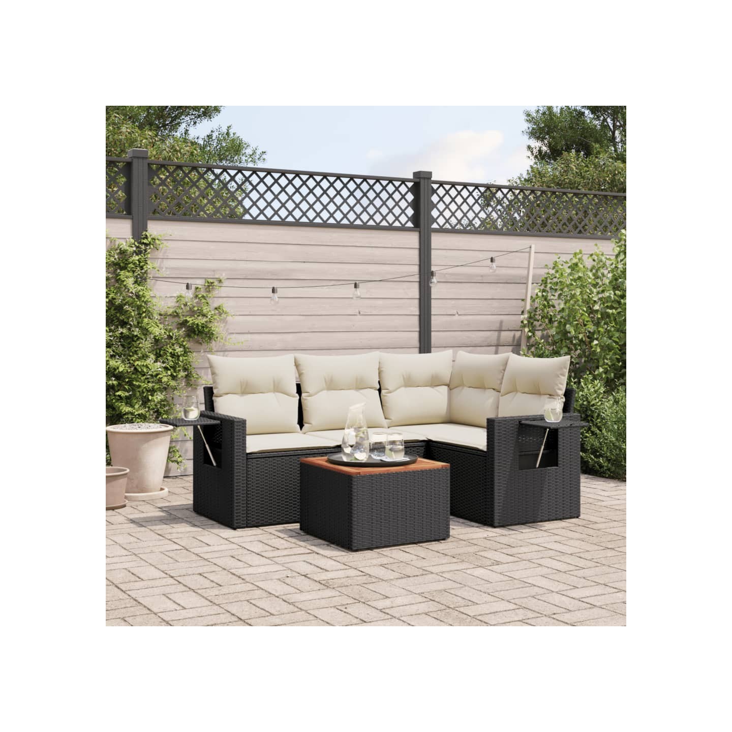Salon de jardin 5 pcs avec coussins noir résine tressée