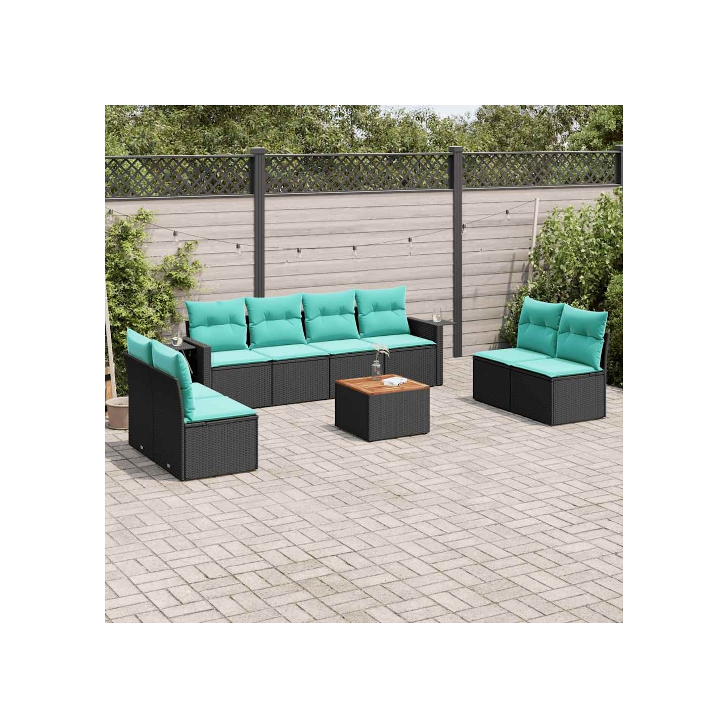 Ensemble de canapé de jardin 9 pcs avec coussins noir résine tressée