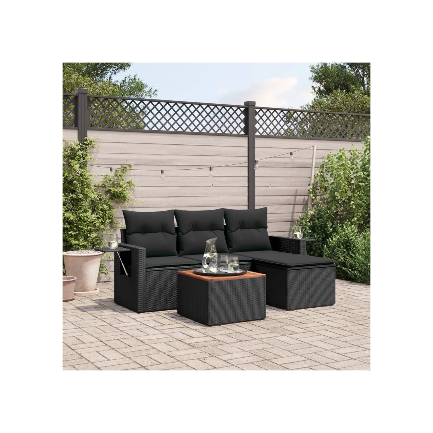 Salon de jardin 5 pcs avec coussins noir résine tressée