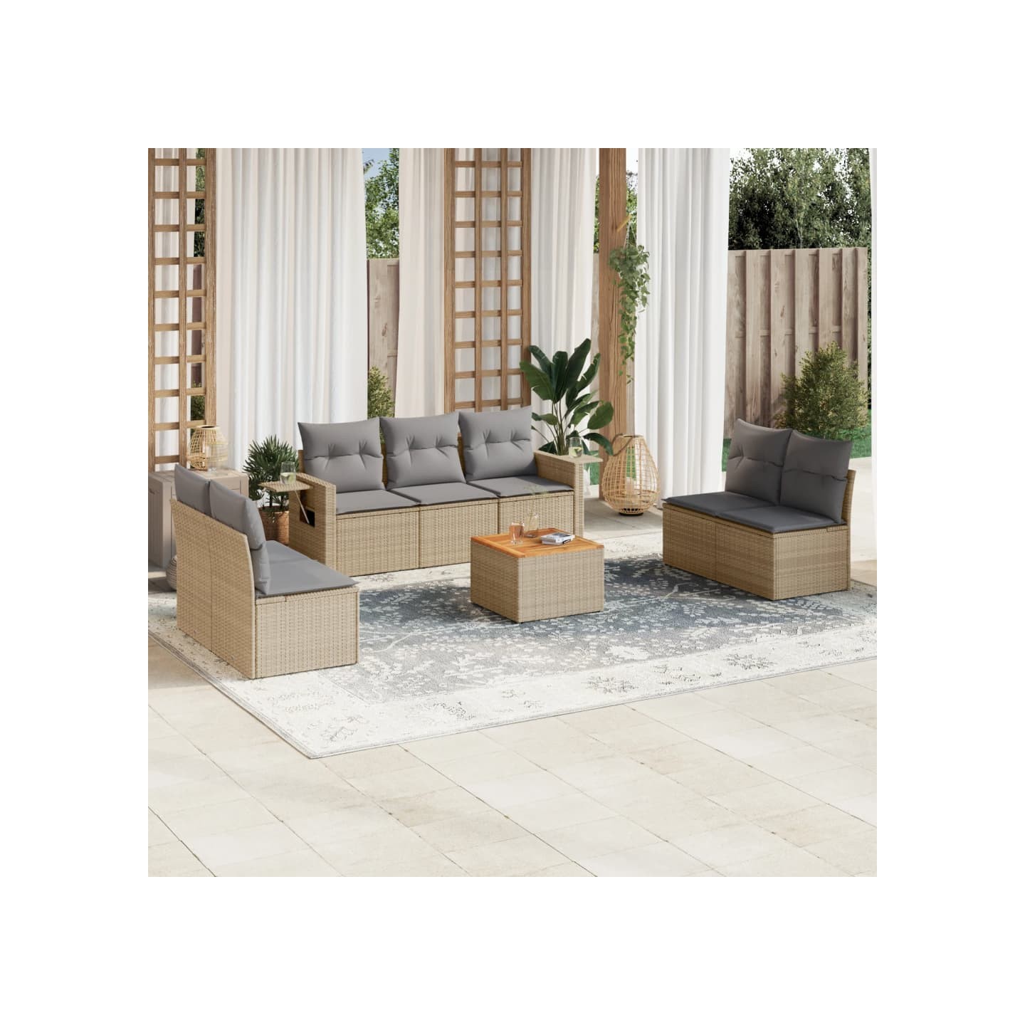 Salon de jardin avec coussins 8 pcs beige résine tressée