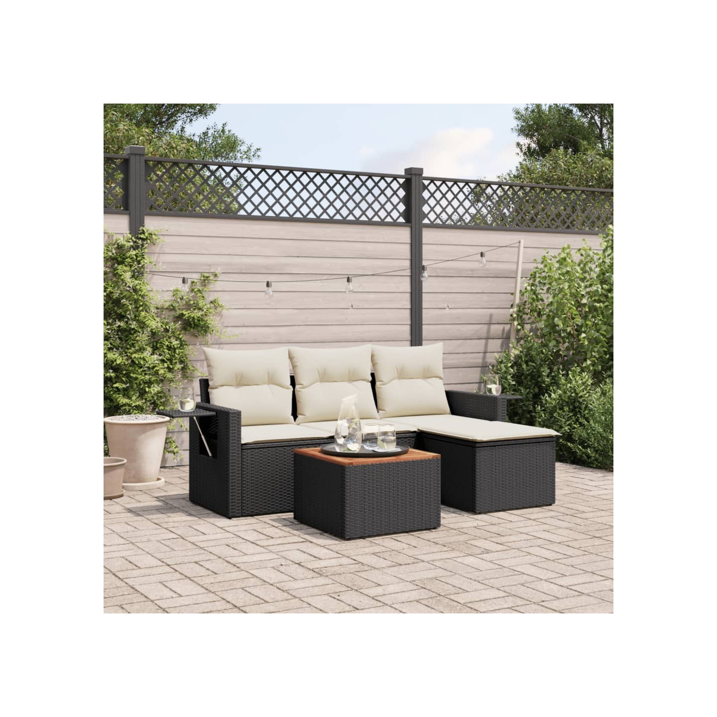 Salon de jardin 5 pcs avec coussins noir résine tressée