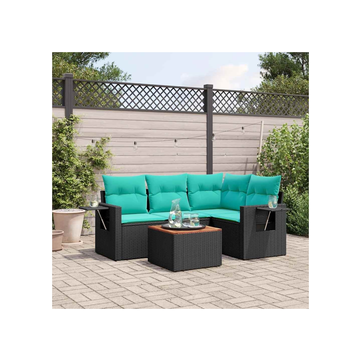 Ensemble de canapé de jardin 5 pcs avec coussins noir résine tressée