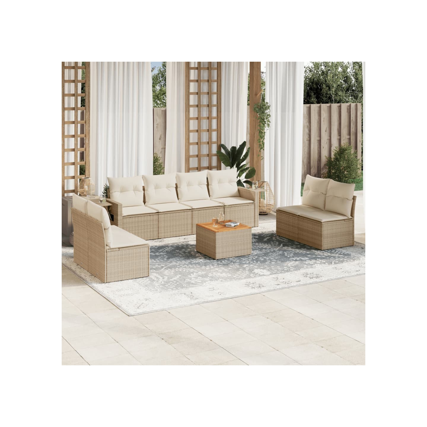 Salon de jardin avec coussins 9 pcs beige résine tressée