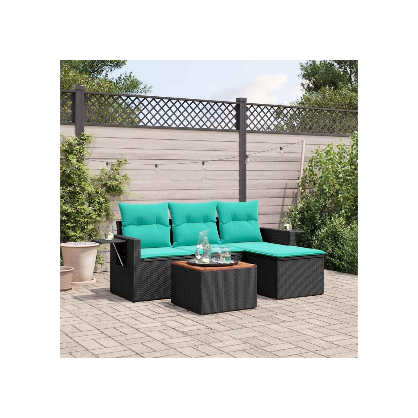 Ensemble de canapé de jardin 5 pcs avec coussins noir résine tressée