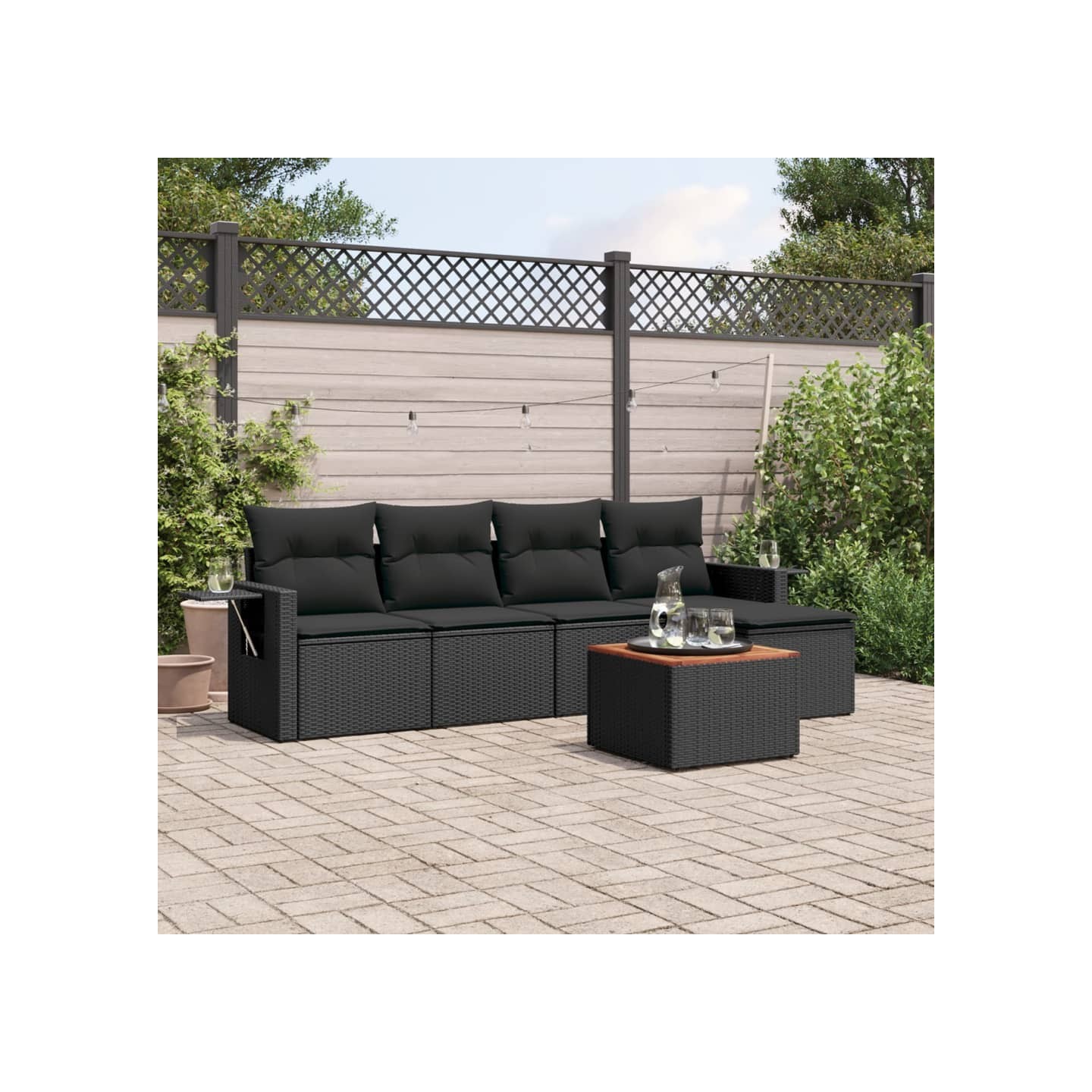 Salon de jardin 6 pcs avec coussins noir résine tressée