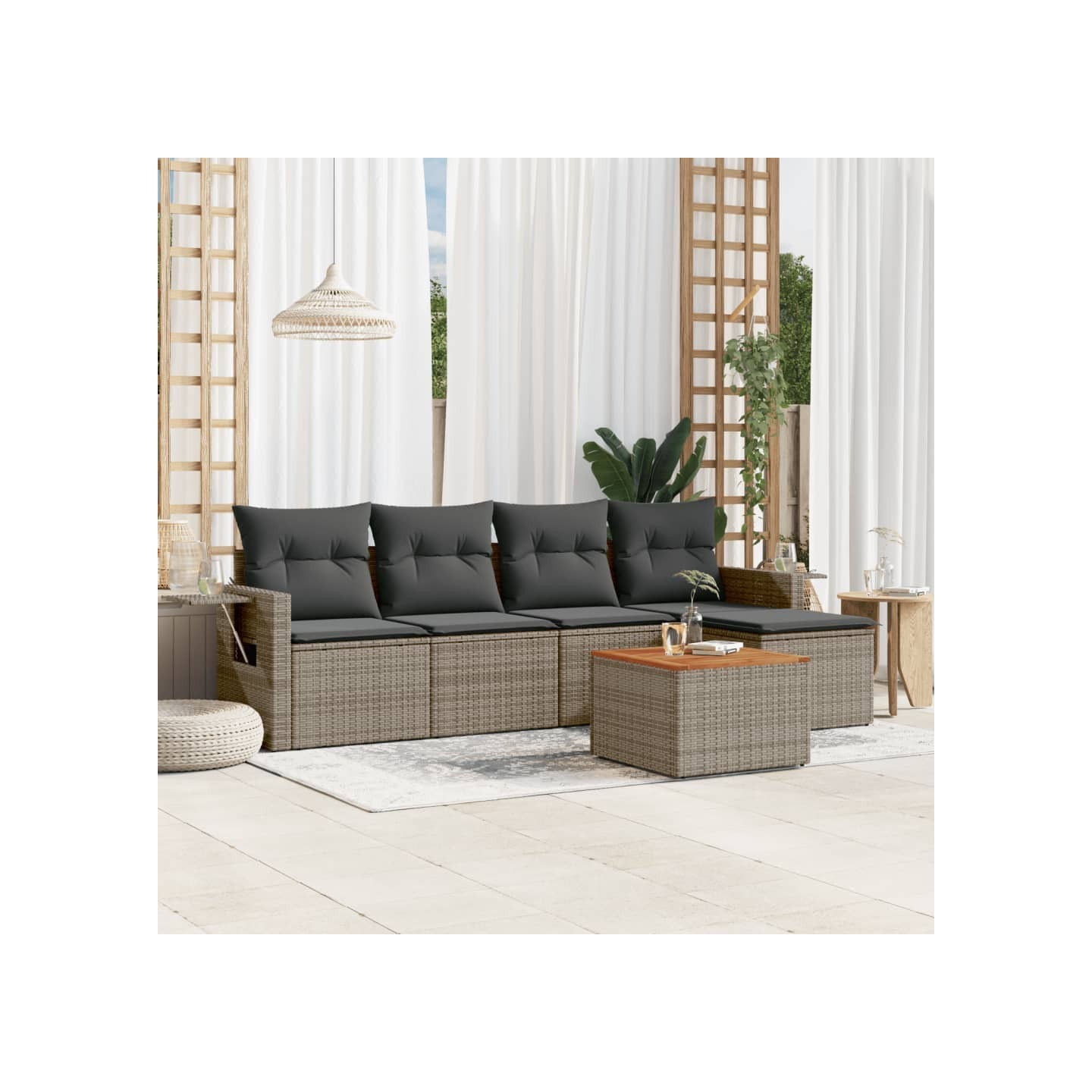 Salon de jardin 6 pcs avec coussins gris résine tressée