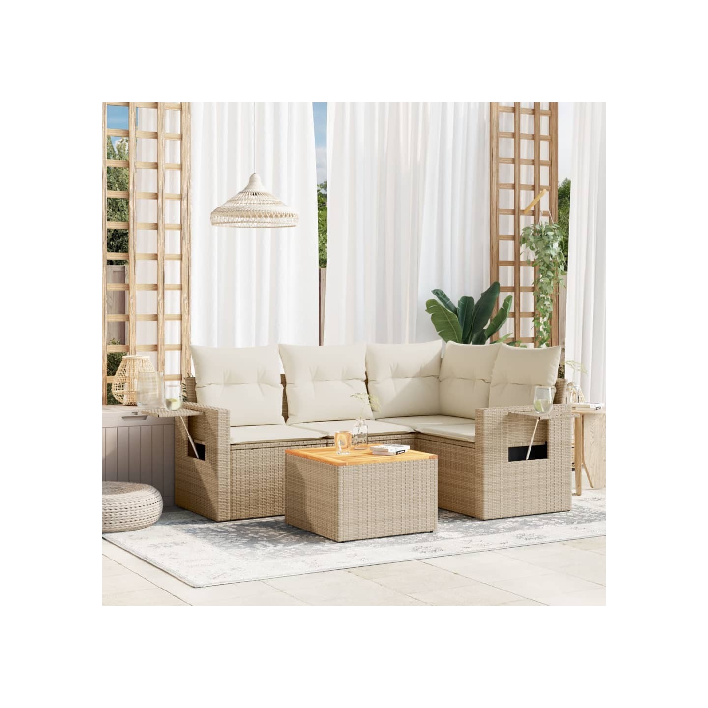 Salon de jardin avec coussins 5 pcs beige résine tressée